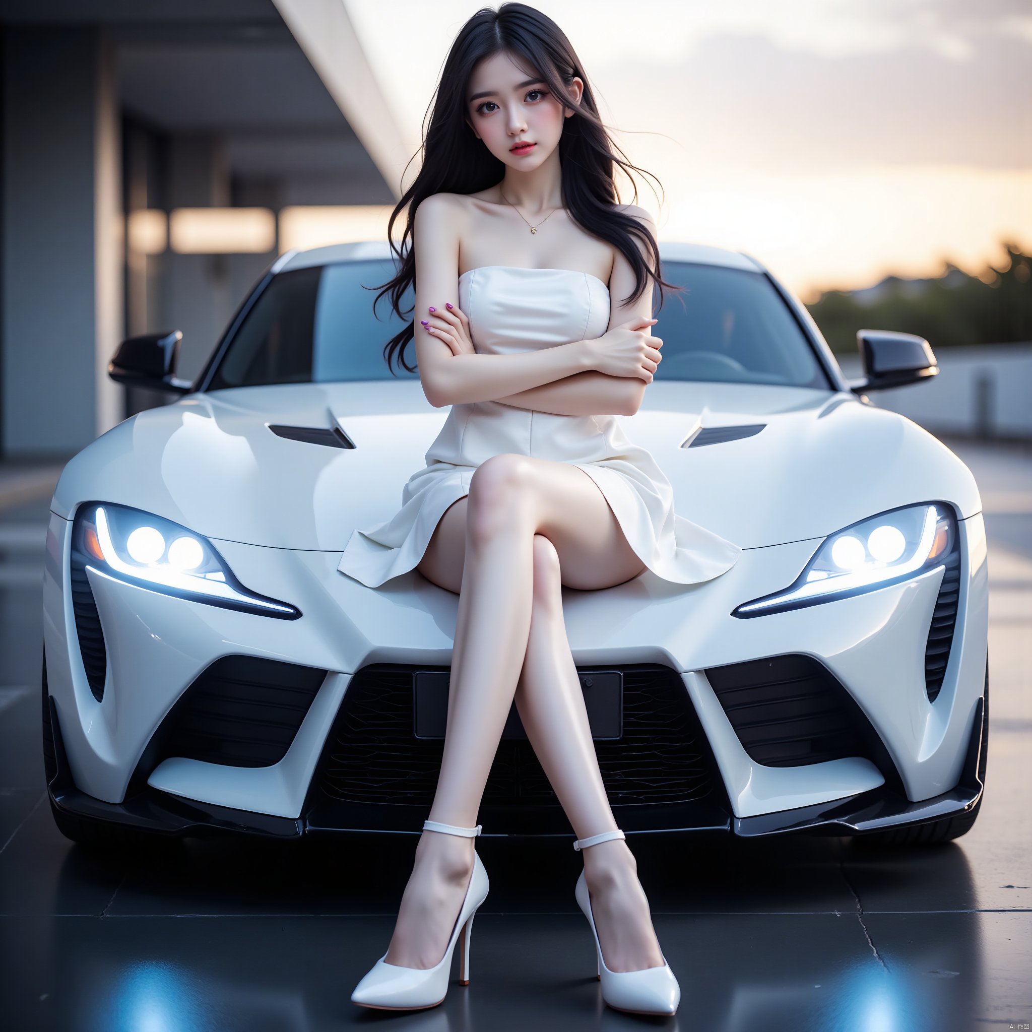 Best quality, masterpiece, 8k, 1 girl, sitting on the front headlights of a sports car, single, black hair, white dress, vehicle focus, crossed arms, brown eyes, armbands, short skirt, strapless dress, high heels, long hair, white shoes, full body, looking at the audience, chest, bare shoulders, sports car,