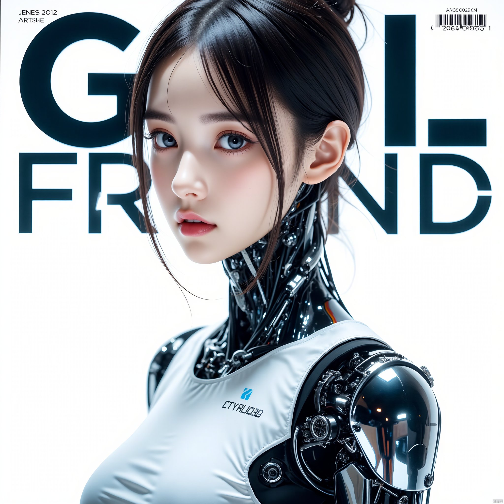 artist_name, dated, english_text, cover, cover_page, album_cover, barcode, magazine_cover, fake_cover, 

realistic future cyborg female portrait, mechanical parts, looking_at_viewer, simple_background, white background, 

huge future-style text "GIRL FRIEND" displayed, excellent word design, 

high resolution, best quality, highres,