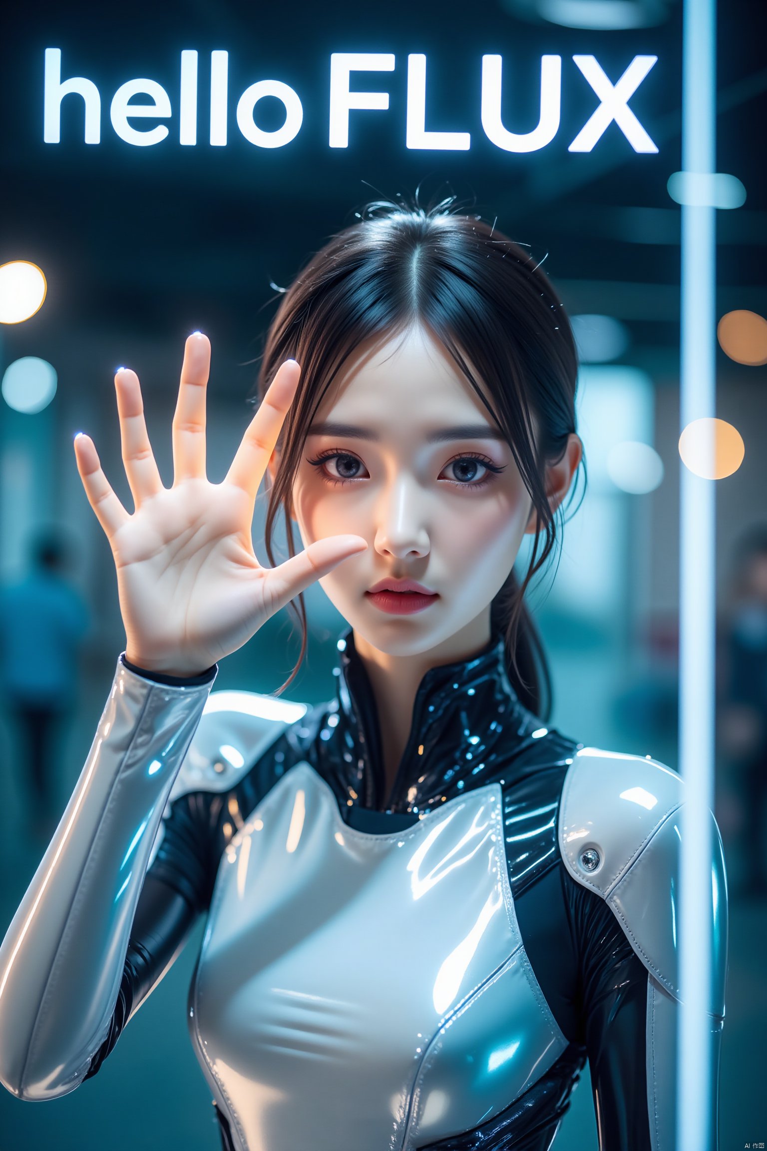 This is a technologically advanced image of a beautiful woman touching a mirror with her hand. The image inside the mirror shows a woman wearing a mecha and possessing a sense of technology. Touching her fingers,the text "hello FLUX" is focused on the top of the image,giving an overall sense of futuristic technology. The light is focused on the person from top to bottom,creating an atmosphere in the photo,