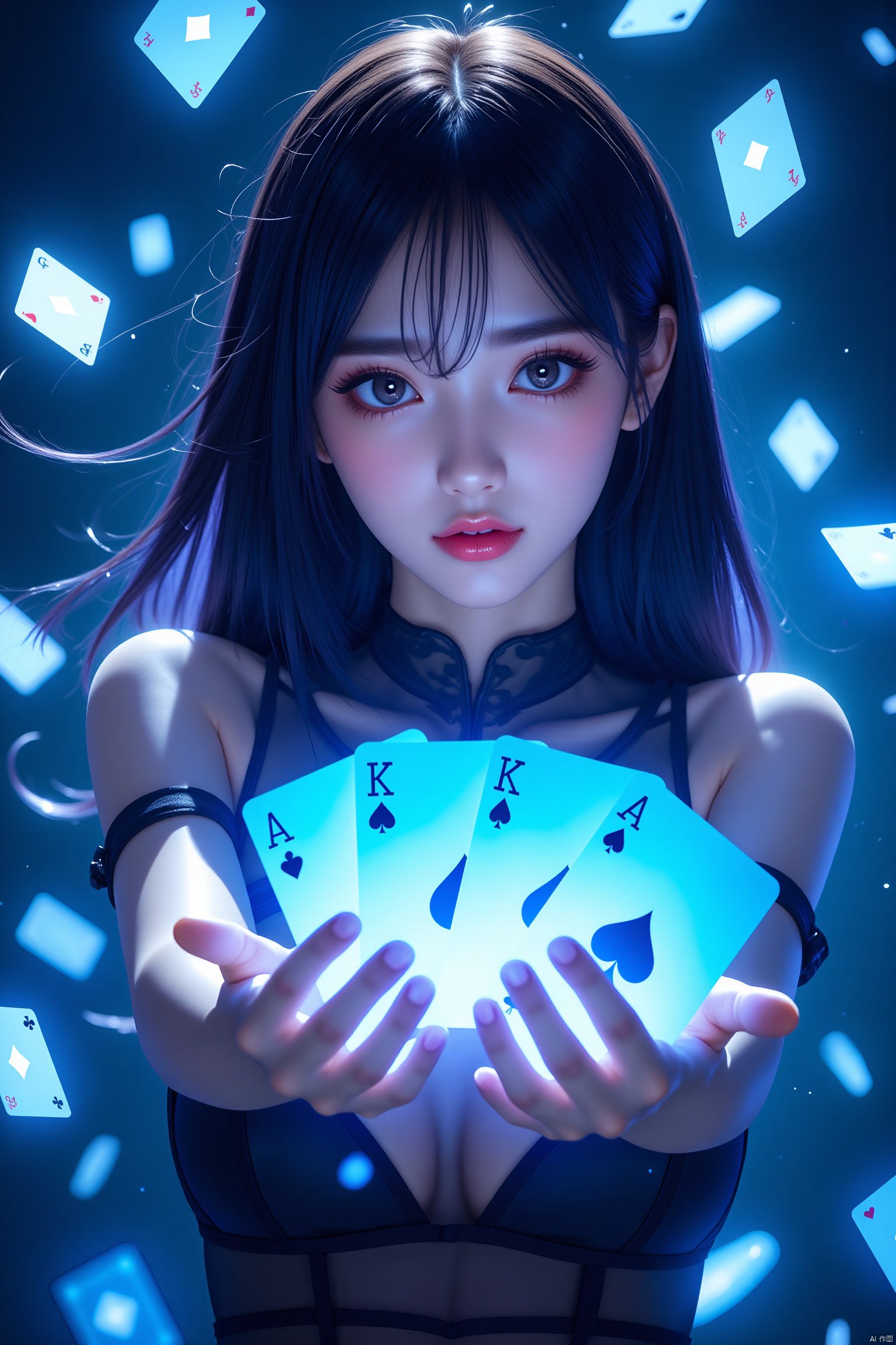 Anime Magic,an anime girl holding glowing blue poker cards in her hands,poker cards flying in the sky,glowing magic effects,dynamic poses,highly detailed,ultra-high resolutions,32K UHD,best quality,masterpiece,