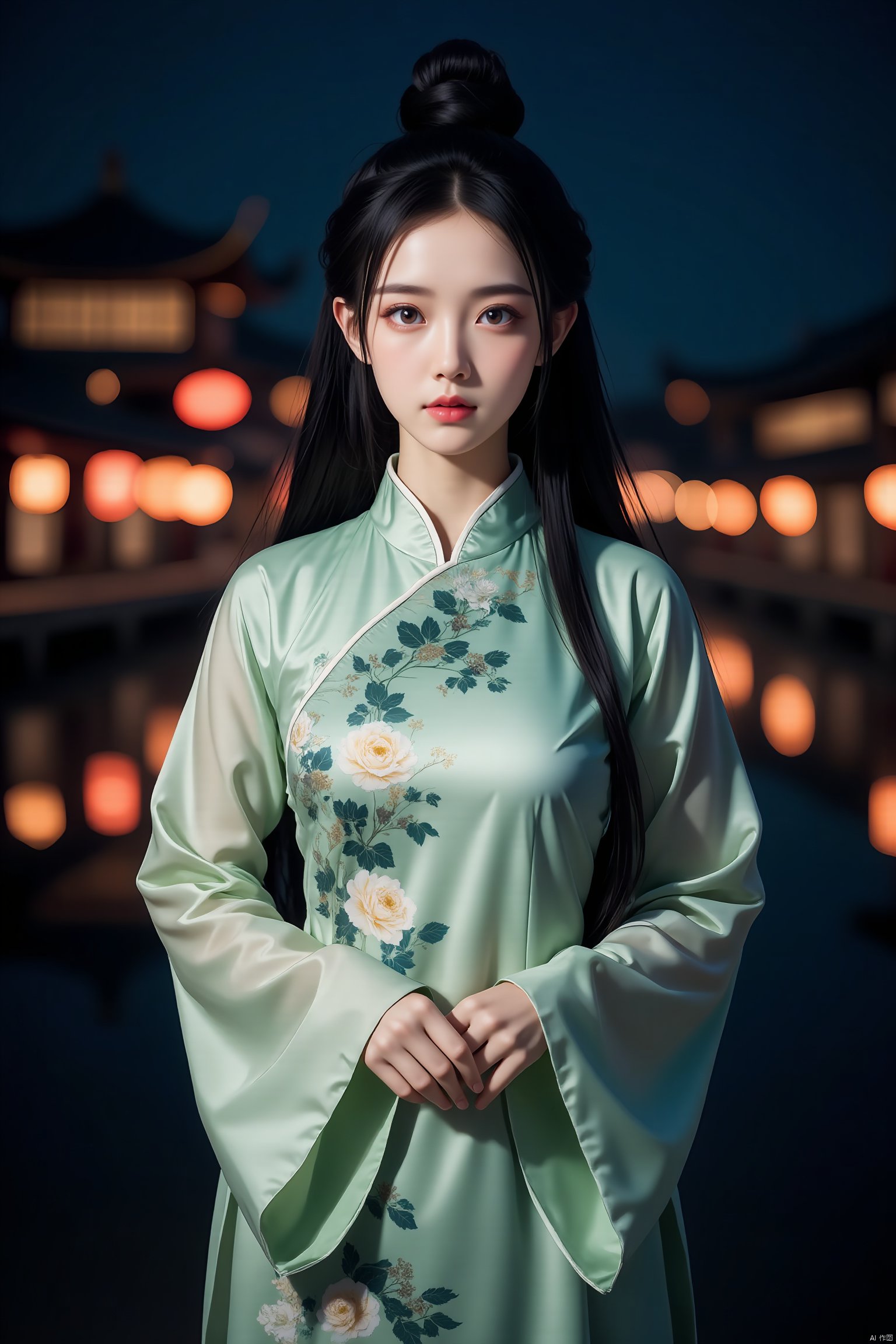 1girl,solo,long hair,black hair,dress,hair bun,blurry,black eyes,chinese clothes,looking up,light green hanfu,night,jiangnan water town.,good hands,anatomical hands,perfect hands,