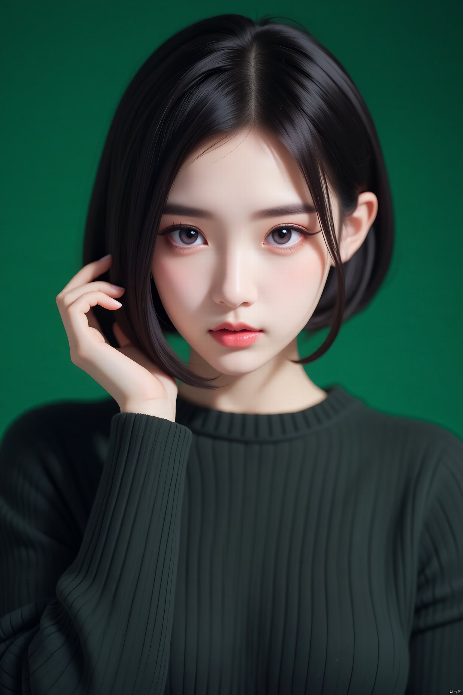 1girl,solo,short hair,black hair,long sleeves,upper body,parted lips,hand up,blurry,black eyes,sweater,lips,sleeves past wrists,looking away,green background,realistic,nose,