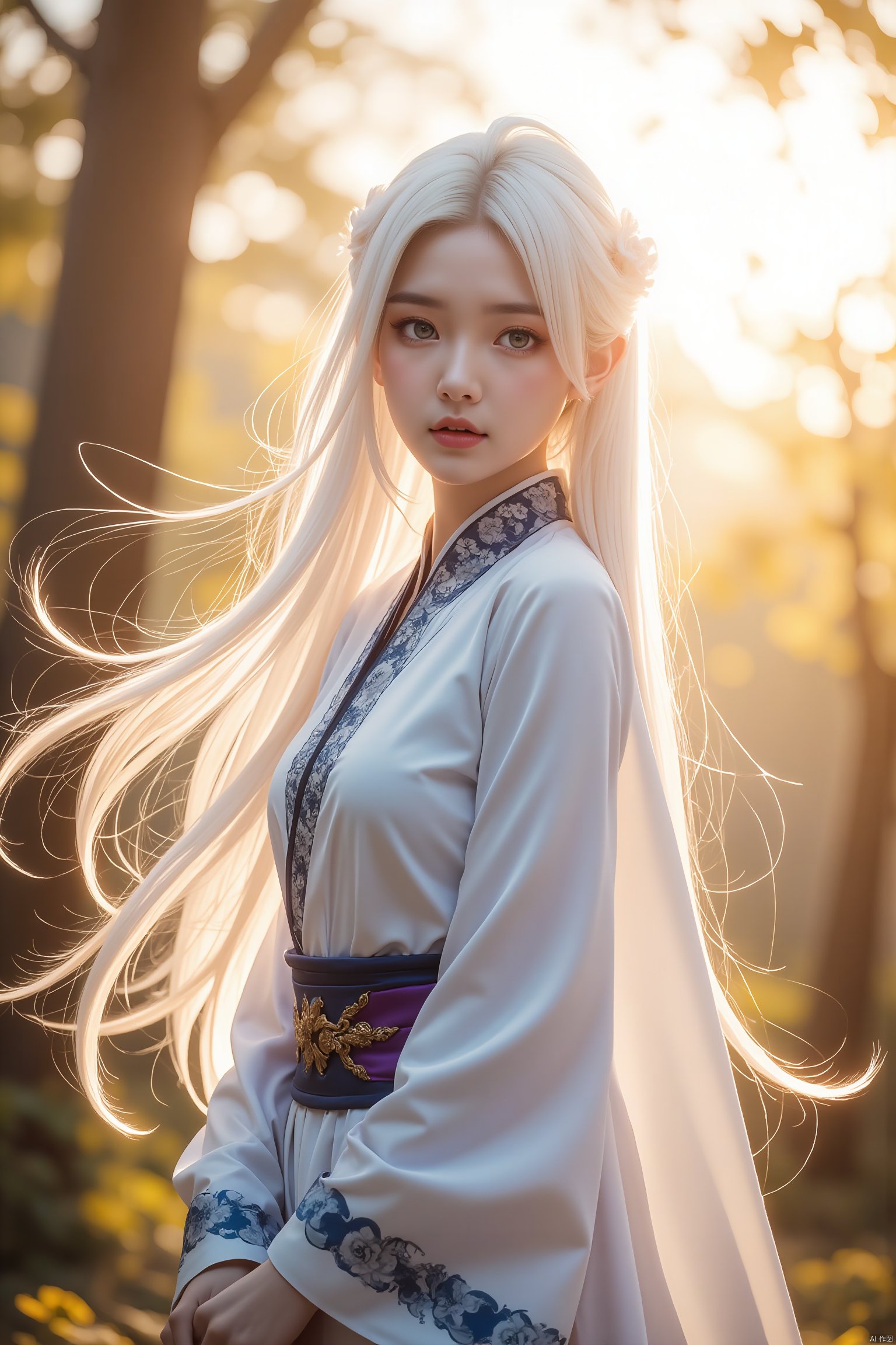 1girl,((masterpiece))),(((best quality))),((super detailed)),((extremely delicate and beautiful)),cinematic light,detailed environment,xuer calligraphy,1girl,solo,reflection,upper body,sunlight,(White hair:1.3),very long hair,wide sleeves,