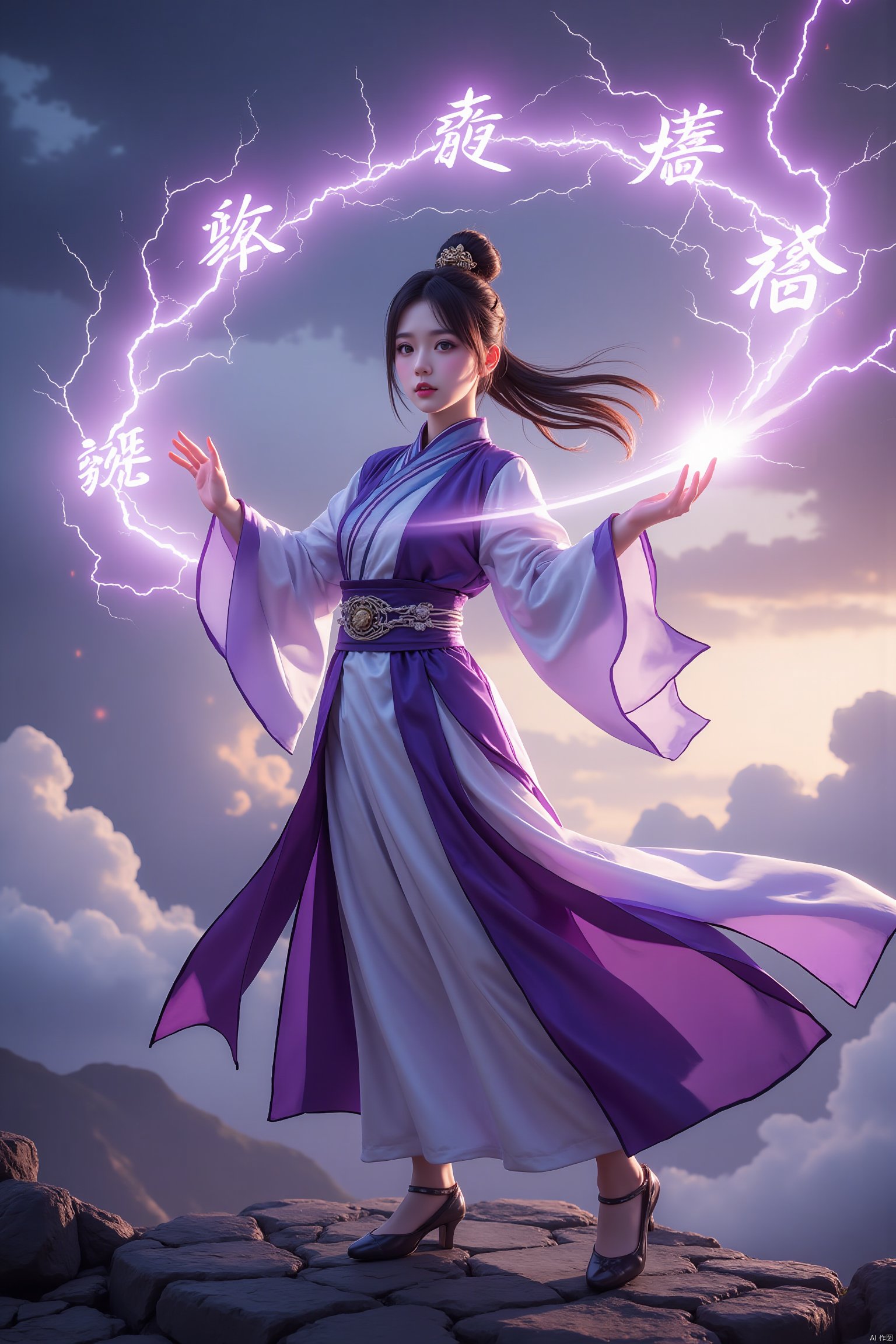 1girl,Ultra wide angle shooting,a girl dressed in an ancient mage costume,Hanfu,handsome,with gestures forming spells,martial arts and fairy tale atmosphere,carrying a sky filled with Dark clouds,game characters,purple lightning,without looking at the camera,writing calligraphy,floating transparent Hanzi,dynamic action style,rotation,magical realism,dynamic action style,the highest quality,masterpiece,CG,HDR,high-definition,extremely fine,detailed face Superheroes,heroes,detail ultra high definition,OC rendering,Taoist runes,