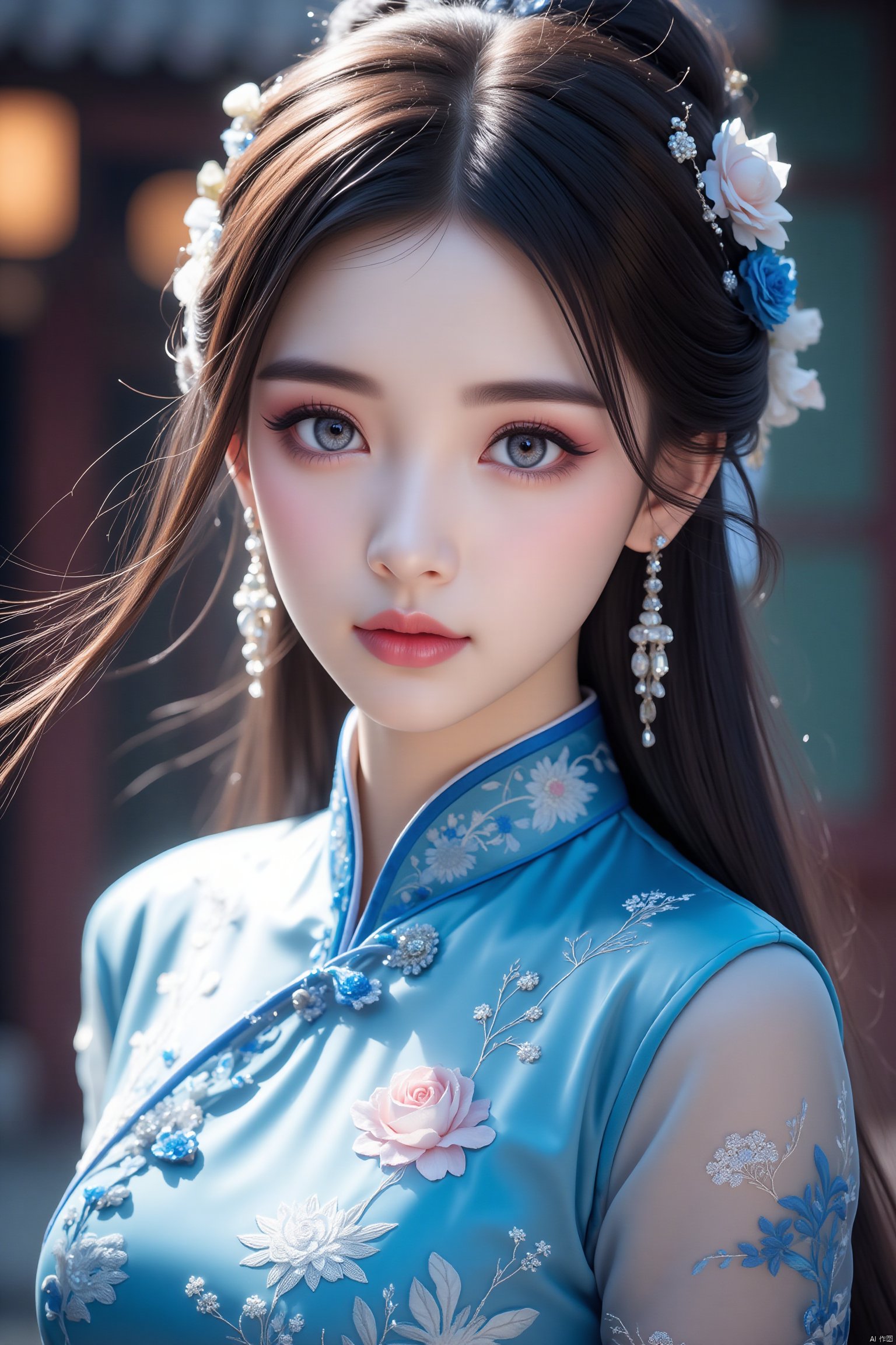 masterpiece,hanfu style,Portrait of a young woman (Chinese) with large,expressive eyes that convey a sense of longing and introspection. Her features are delicate,with soft,flowing hair cascading down her shoulders. She wears an elegant blue gown reminiscent of traditional Vietnamese áo dài,adorned with intricate embroidery and shimmering jewelry. Rendered in DucHaiten's signature anime style,emphasizing vibrant colors,delicate linework,and ethereal beauty.,