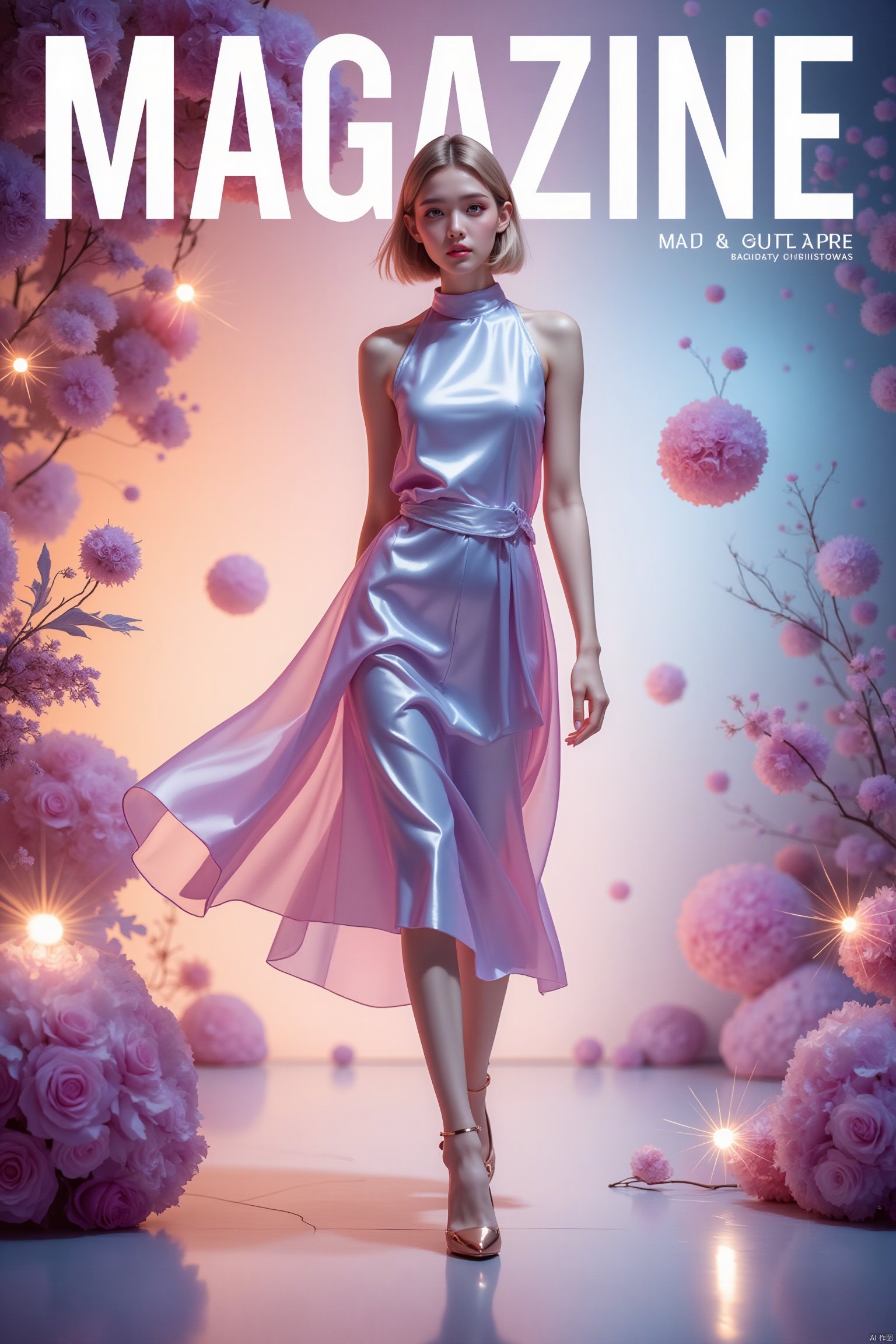 (Magazine poster:1.2),artistic and surreal,featuring an abstract representation of a fashion trend with floating geometric shapes and dreamlike colors,(The background is a blend of ethereal gradients and whimsical patterns:1.1),creating a fantastical atmosphere,The title is artistically integrated into the abstract design,using creative typography,Detailed textures and imaginative lighting effects,