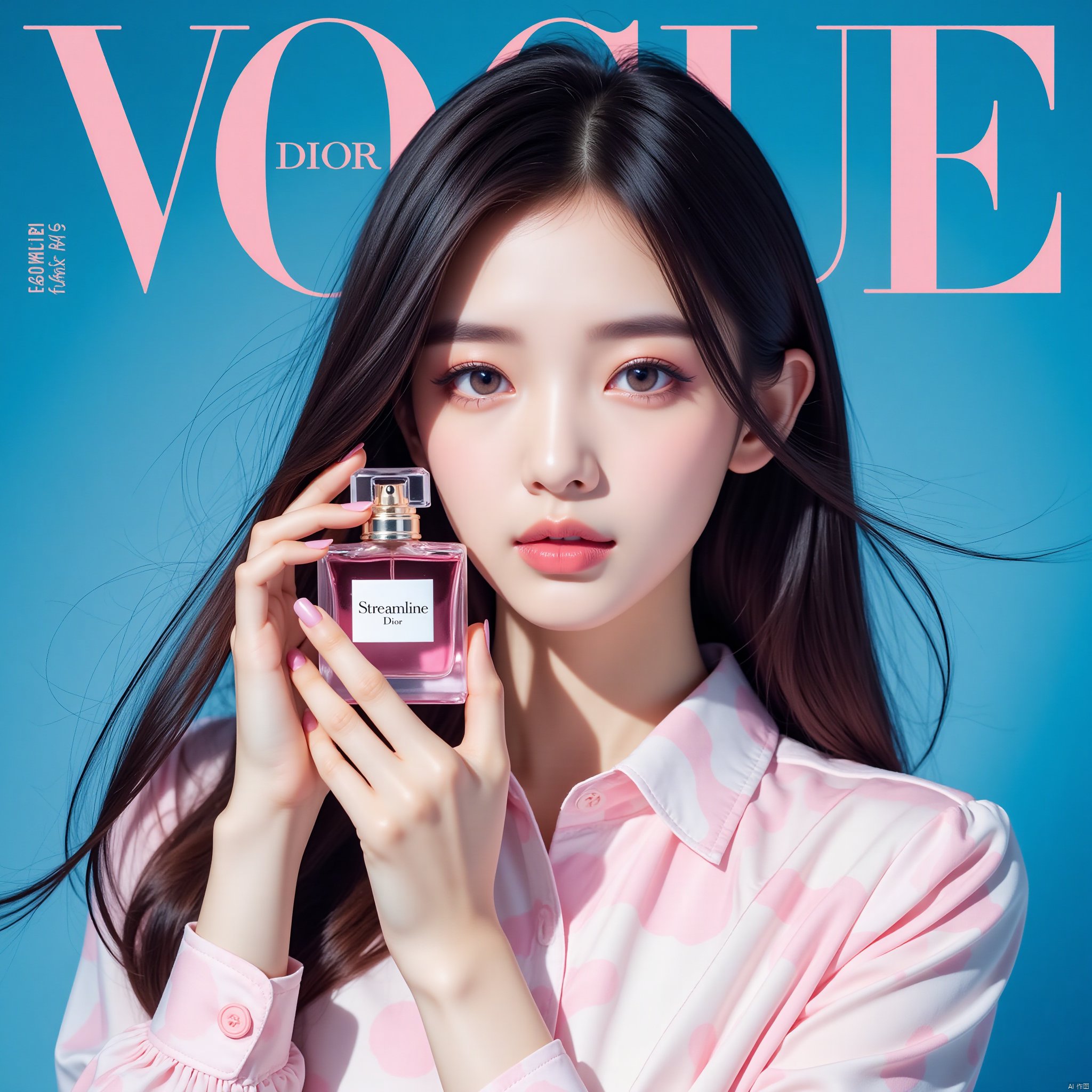 Vogue cover of a beautiful Korean woman with long straight hair holding Dior "Streamline" perfume, wearing a light pink and white patterned shirt, holding the bottle in both hands close to her face, posing for the magazine cover, professional photography with studio lighting, blue background, text at the top says "VOGUE", photo taken with a Canon EOS R6 Mark II Mirrorless camera in the style of 35mm f/8 aperture, intricate details.