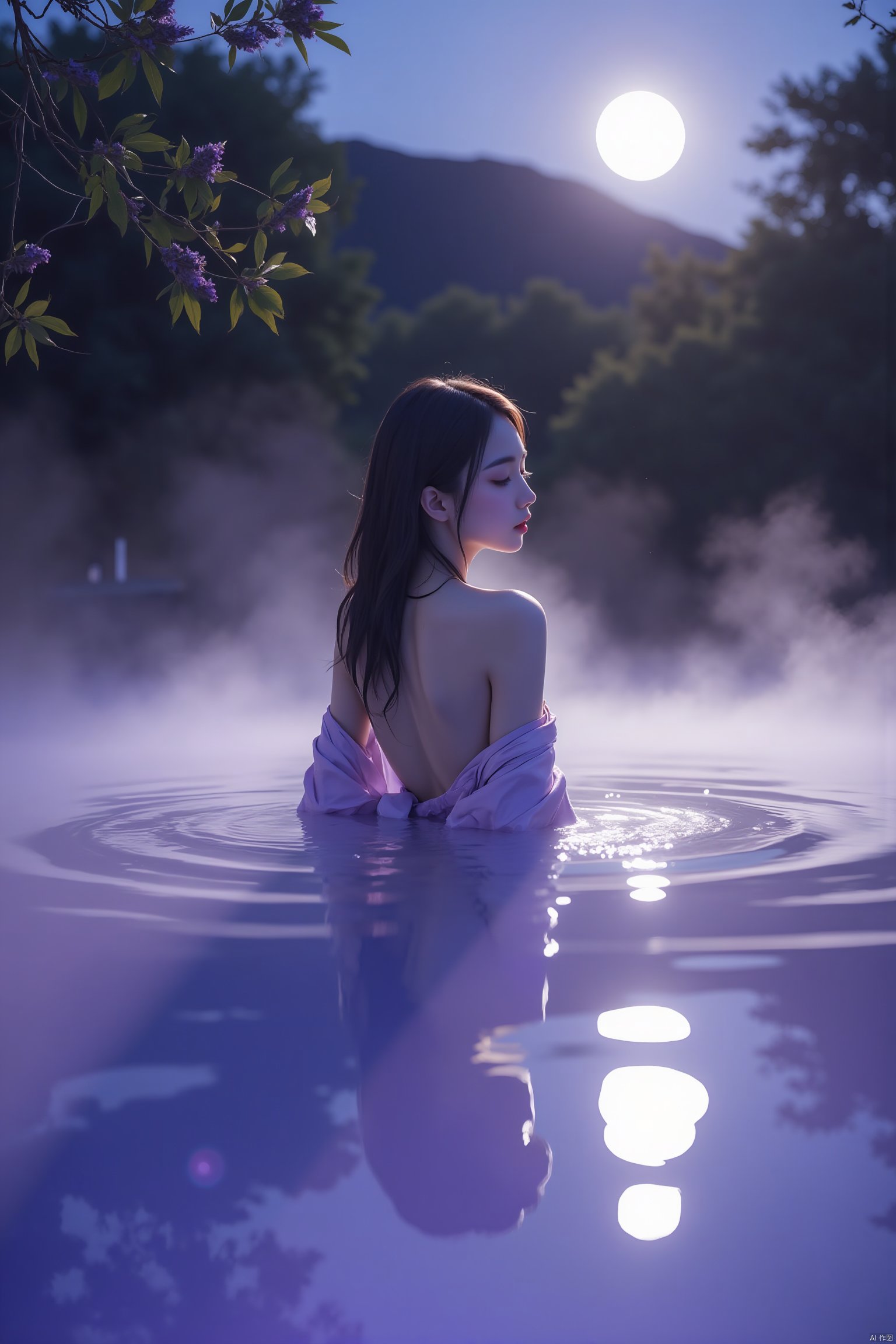 1girl,Under the caress of the moon, a woman bathes in a tranquil pool, her Hanfu of lavender a vision of tranquility. The water's gentle lapping against her skin is echoed by the soft mist that rises, creating a veil that obscures yet reveals. The scent of the night mingles with the light fragrance of the lavender, wrapping her in a cocoon of serene sensuality.