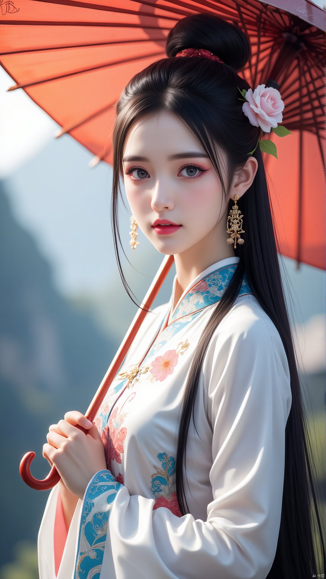 1girl,solo,long hair,black hair,hair ornament,long sleeves,holding,jewelry,flower,earrings,hair bun,blurry,blurry background,umbrella,chinese clothes,holding umbrella,realistic,hanfu,