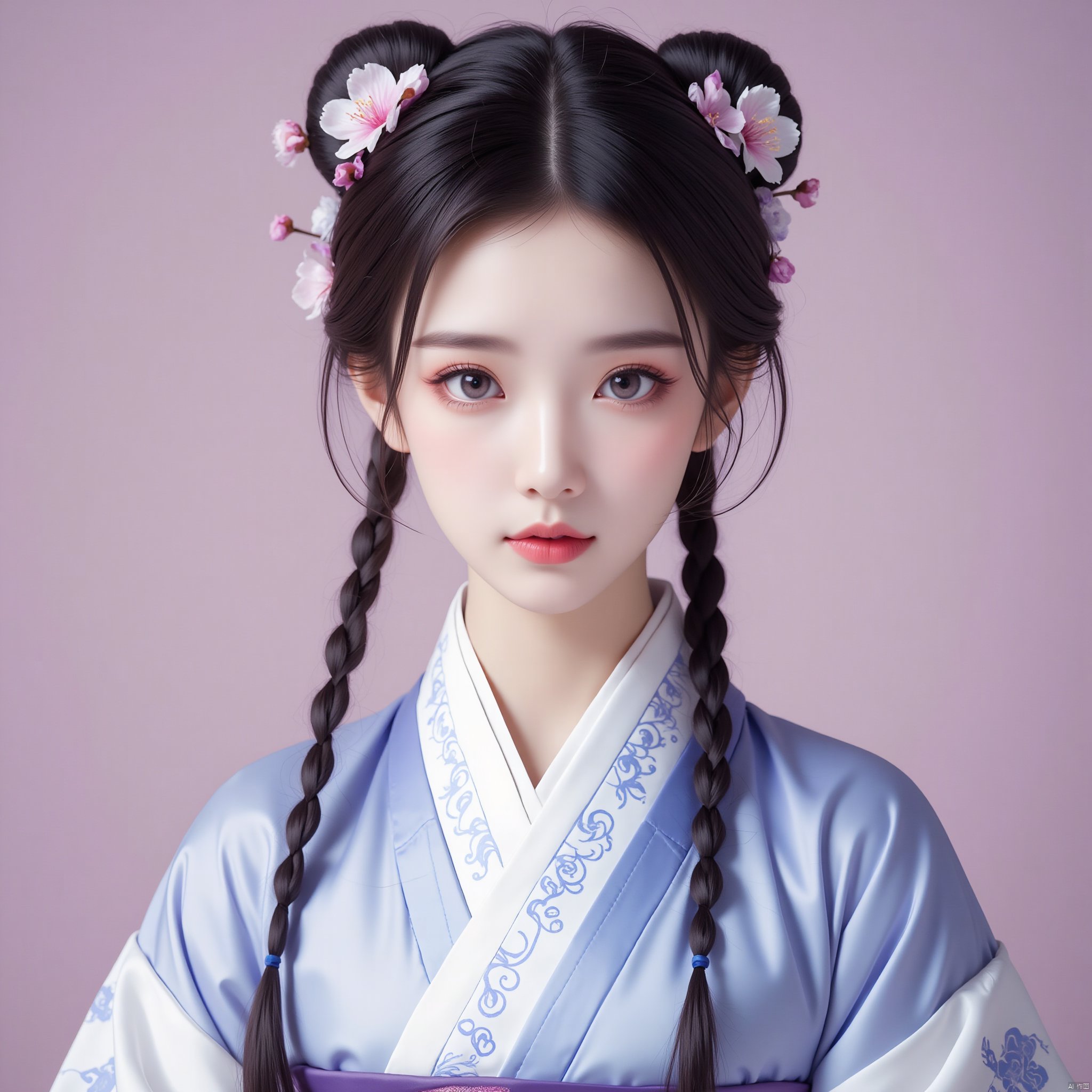 masterpiece,hanfu style,A young woman personifying a princess from the Joseon Dynasty,standing with nobility,possesses deer-like eyes,innocence radiated,dressed in light purple jeogori and voluminous light blue chima,hair styled in twin braids with cherry blossom hairpins adding a cute element,east Asian traditional attire,soft pastels,intricate patterns on fabric,