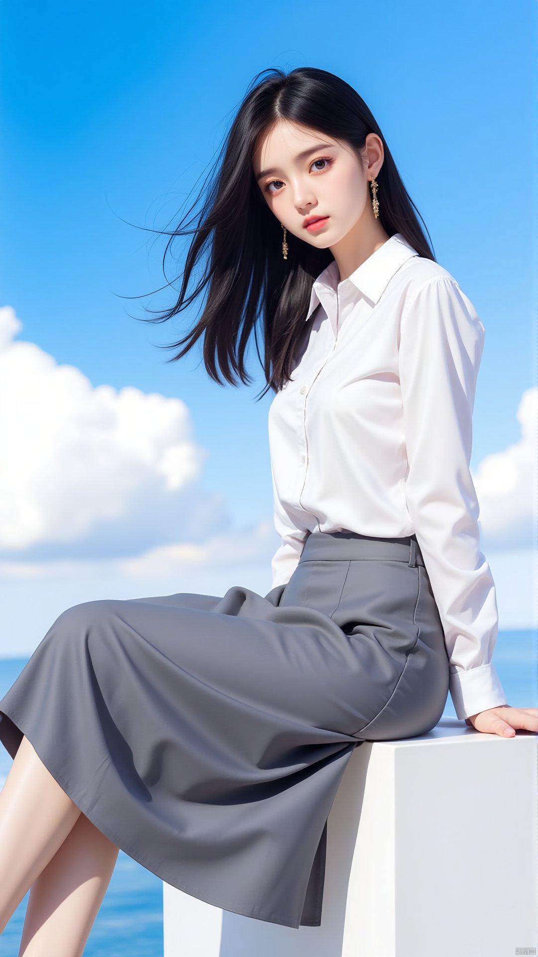 1girl, solo, looking at viewer, skirt, shirt, black hair, long sleeves, brown eyes, jewelry, sitting, white shirt, earrings, outdoors, sky, day, pants, cloud, blue sky, white footwear, grey skirt, long skirt, shirt tucked in, grey pants