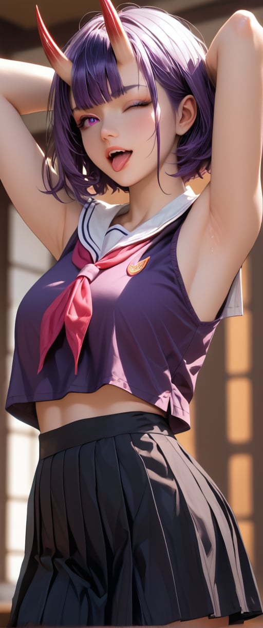 score_9, score_8_up, score_7_up, 1girl, solo, looking at viewer, short hair, open mouth, bangs, skirt, bow, school uniform, purple hair, pleated skirt, one eye closed, horns, teeth, serafuku, sleeveless, tongue, black skirt, armpits, sailor collar, arms up, lips, fangs, arms behind head, oni horns, oni, realistic, skin-covered horns,score_6_up