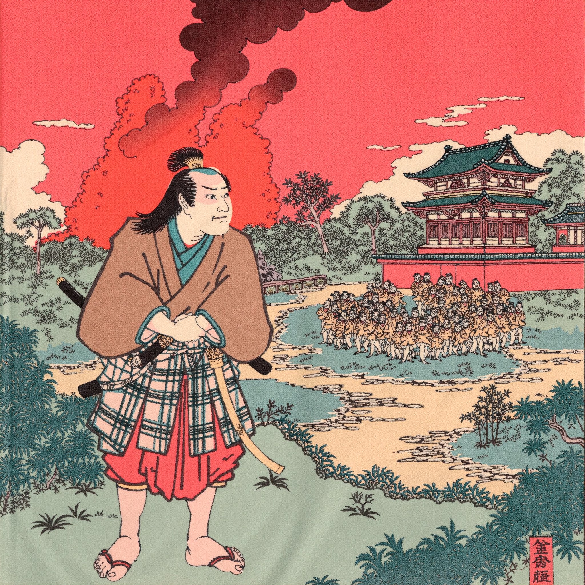 ukiyoe of an samurai standing in front of a burning feudal city
