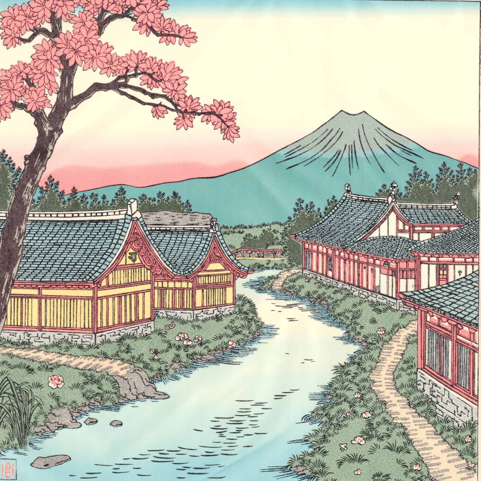 ukiyoe , landscape of an feudal japanese village an river is floating though in the background is mount fuji
