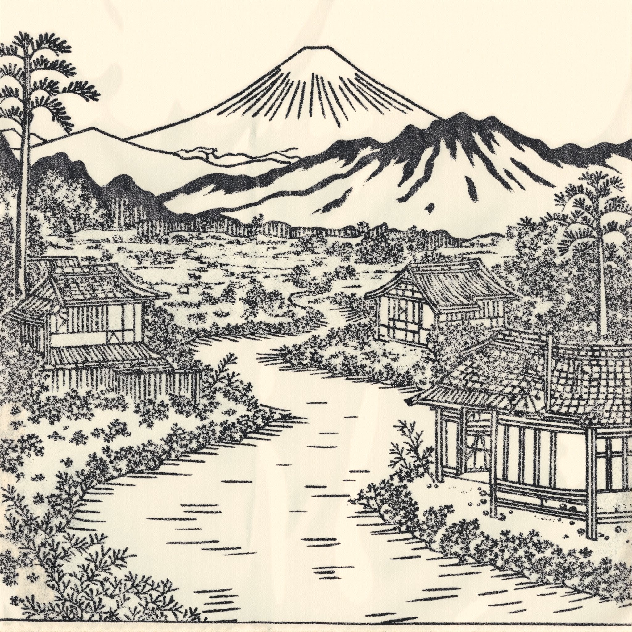 ukiyoe , landscape of an feudal japanese village an river is floating though in the background is mount fuji
