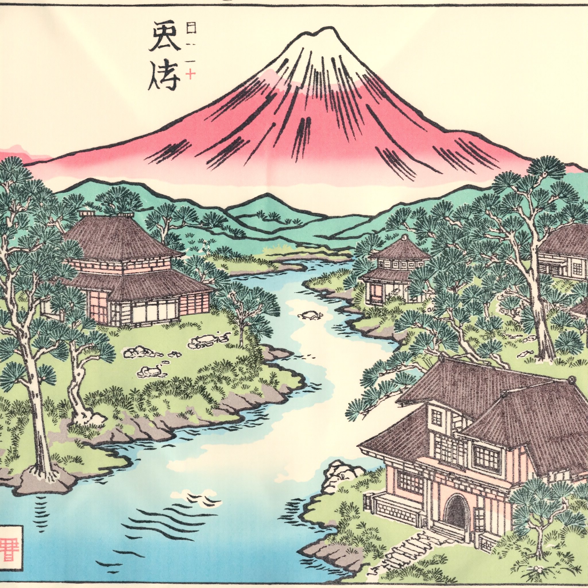 ukiyoe , landscape of an feudal japanese village an river is floating though in the background is mount fuji
