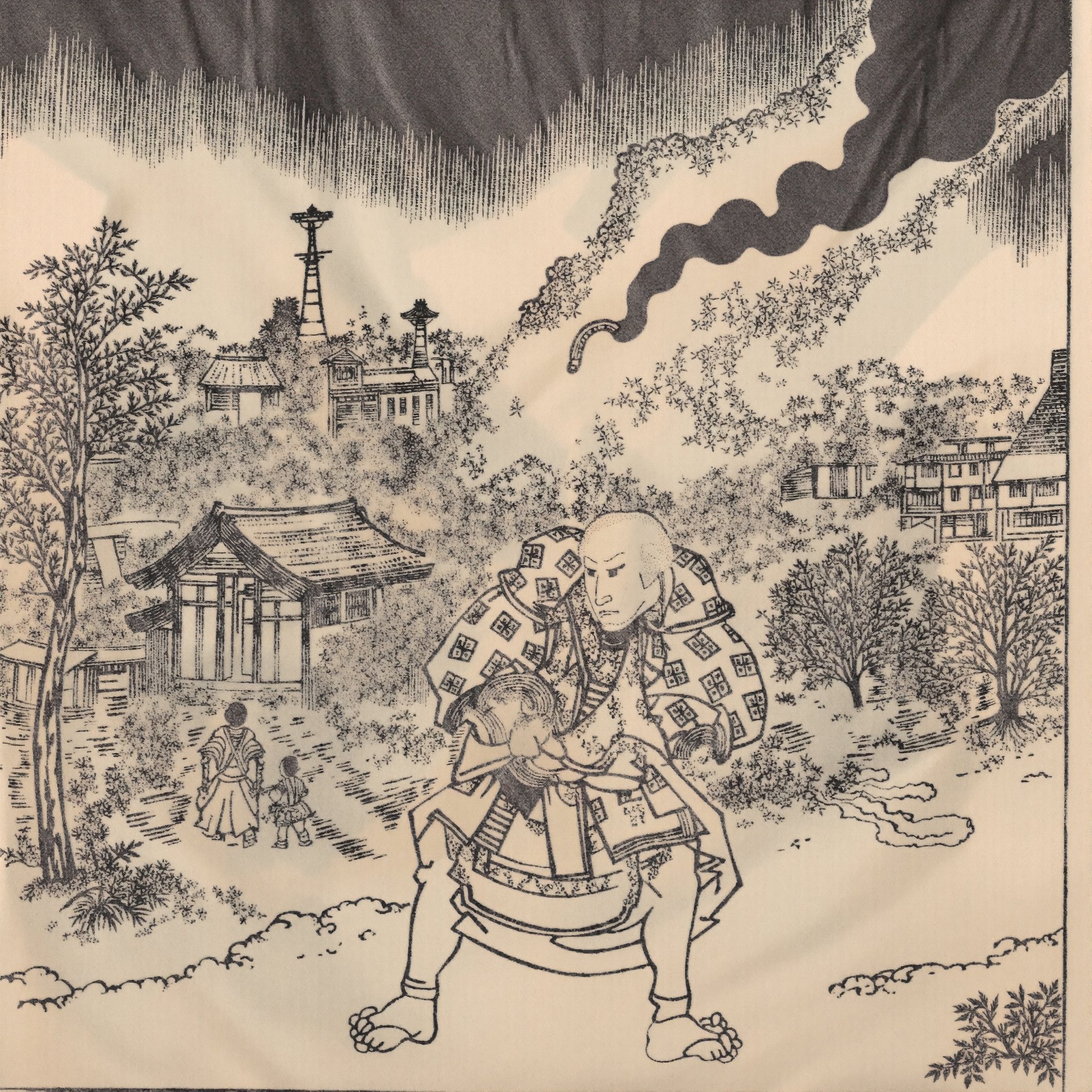 ukiyoe of an samurai standing in front of a burning feudal city
