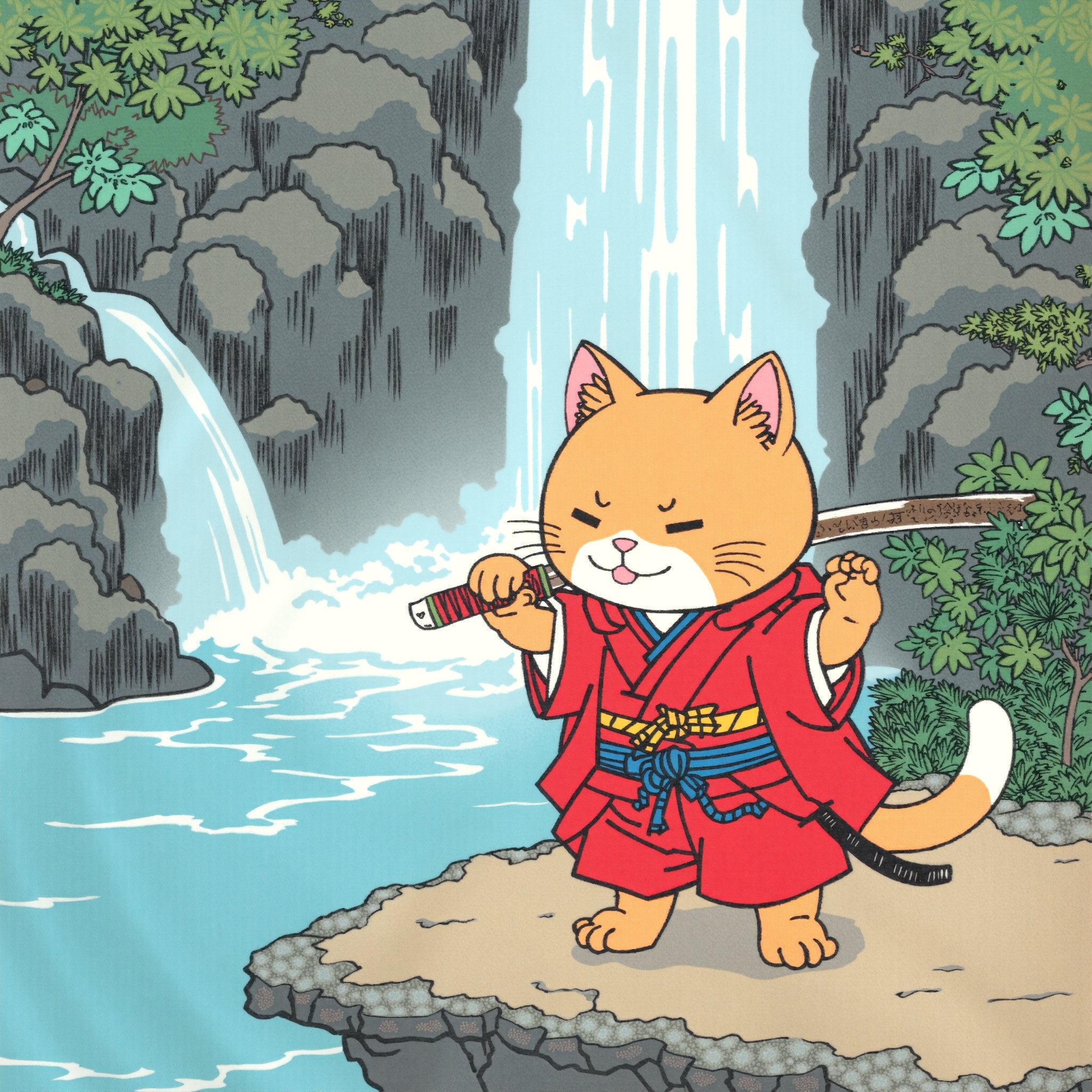 ukiyoe cute cat samurai in front of an waterfall holding his katana
