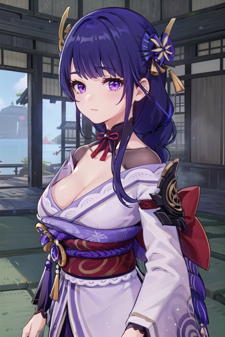 ((masterpiece, best quality)), high resolution,ultra detailed,8k,16k,detailed background, perfect lighting,1girl,from front,look_at_viewer,upper body,raiden shogun,purple eyes,seiza,tatami