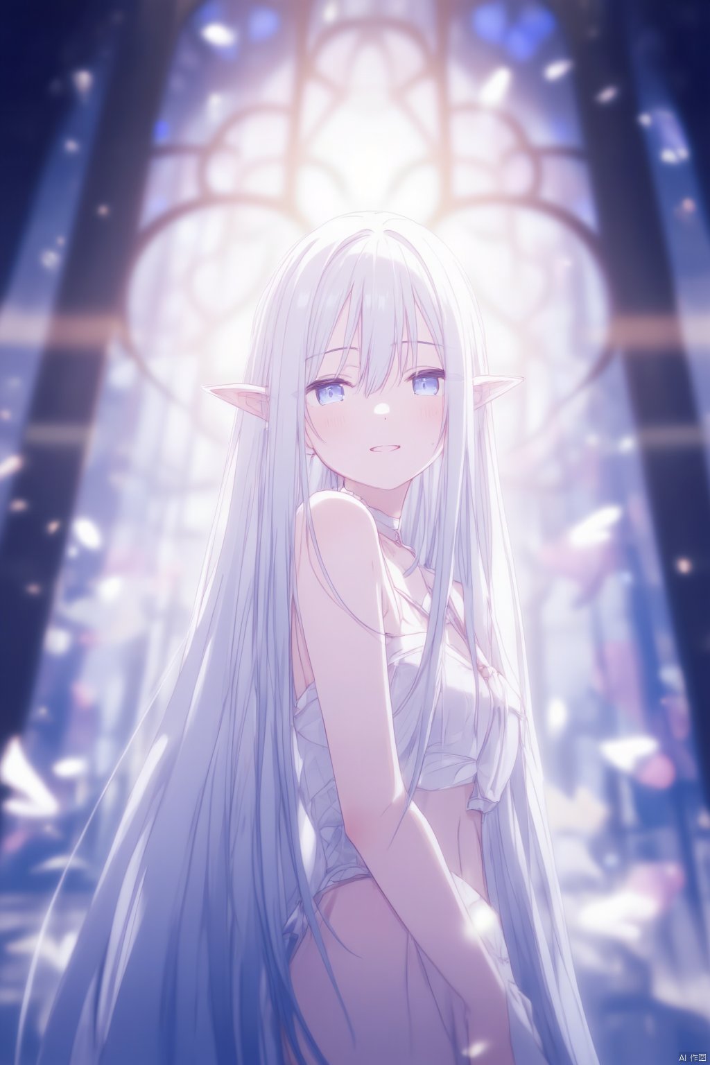 A long-haired elf girl with a ponytail, featuring grey hair, pointy ears, and blue eyes. She has a mole under her eye. The girl has parted lips and is shown in a side profile. The image focuses on her upper body, revealing bare shoulders and medium-sized breasts. Her hands are raised, and the background is blurred with a bokeh effect, creating a sense of depth. The overall scene has a soft and dreamy atmosphere.