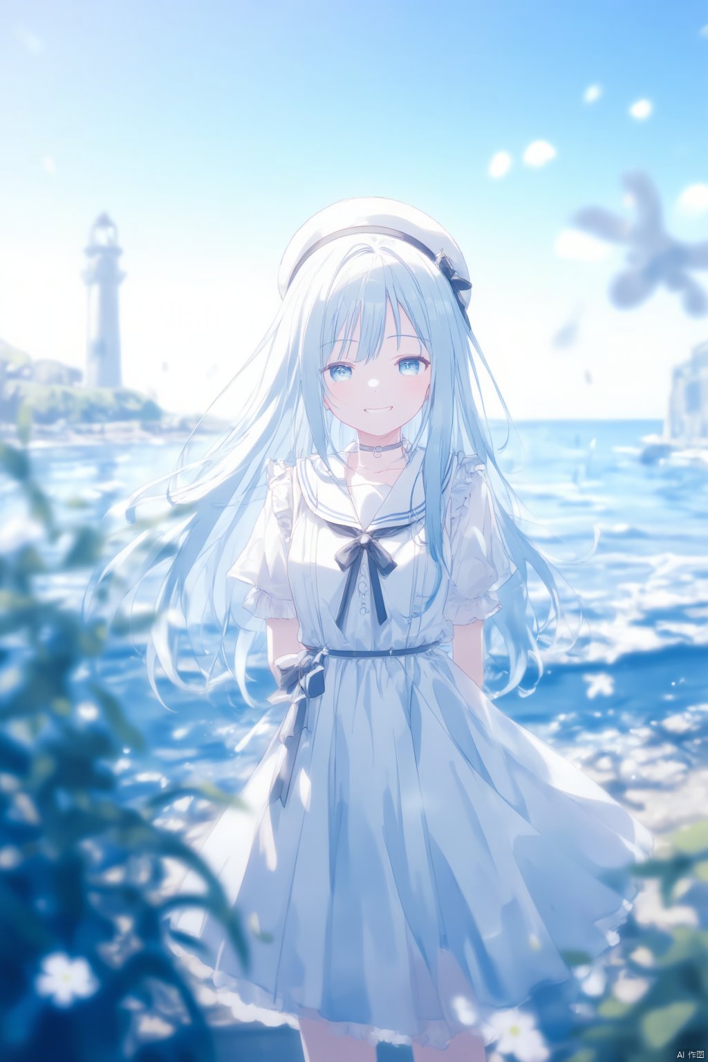 1girl, solo, yoisaki kanade, dress, hat, long hair, white dress, white headwear, outdoors, hair between eyes, lighthouse, blue eyes, beret, short sleeves, closed mouth, smile, white hair, very long hair, ocean, blue sky, tower, day, ribbon, sky, standing, bow, light blue hair, arms behind back, puffy sleeves, neck ribbon, blue theme, half-closed eyes, looking at viewer, feet out of frame, blurry, black ribbon, puffy short sleeves, frills, floating hair, black bow, sailor dress, blurry background, water, bowtie, blue hair, beach, white sailor collar, sailor collar, collared dress, clear sky, double-parted bangs, wind, waves, official alternate costume, horizon, sidelighting, light smile, blue bowtie