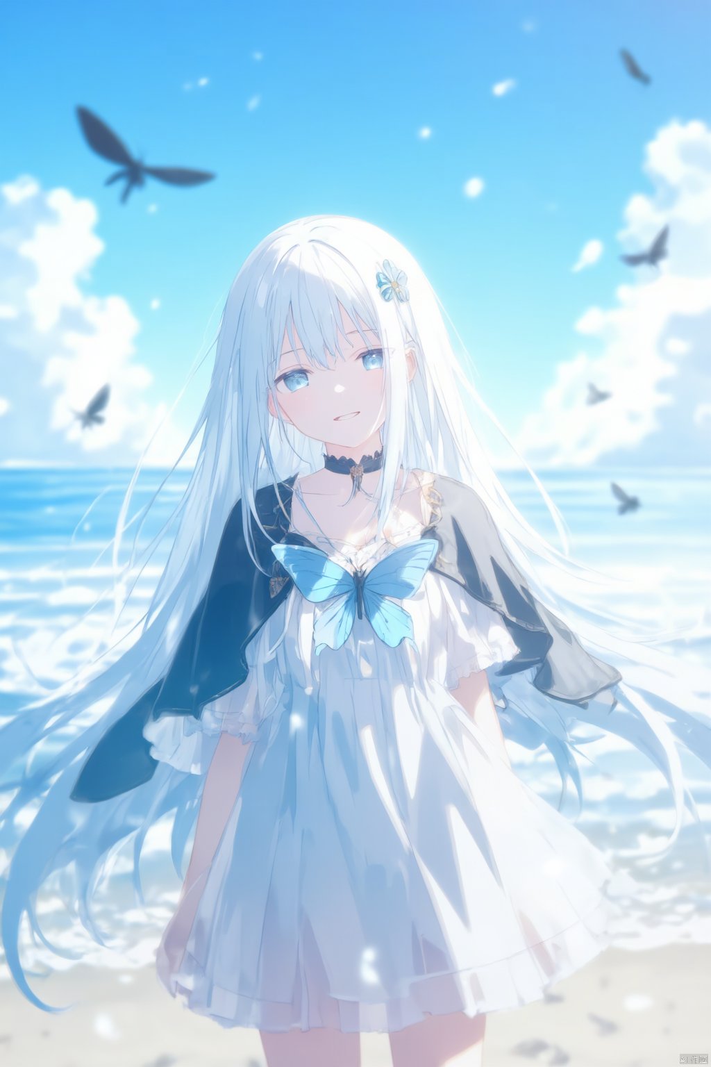  An animated image of a girl with long white hair and blue eyes. She is wearing a white dress with a blue butterfly on her chest. She has a black cape over her shoulders. The girl is standing on a sandy beach. The sky is blue with white fluffy clouds. There are black butterflies flying in the sky above the girl.