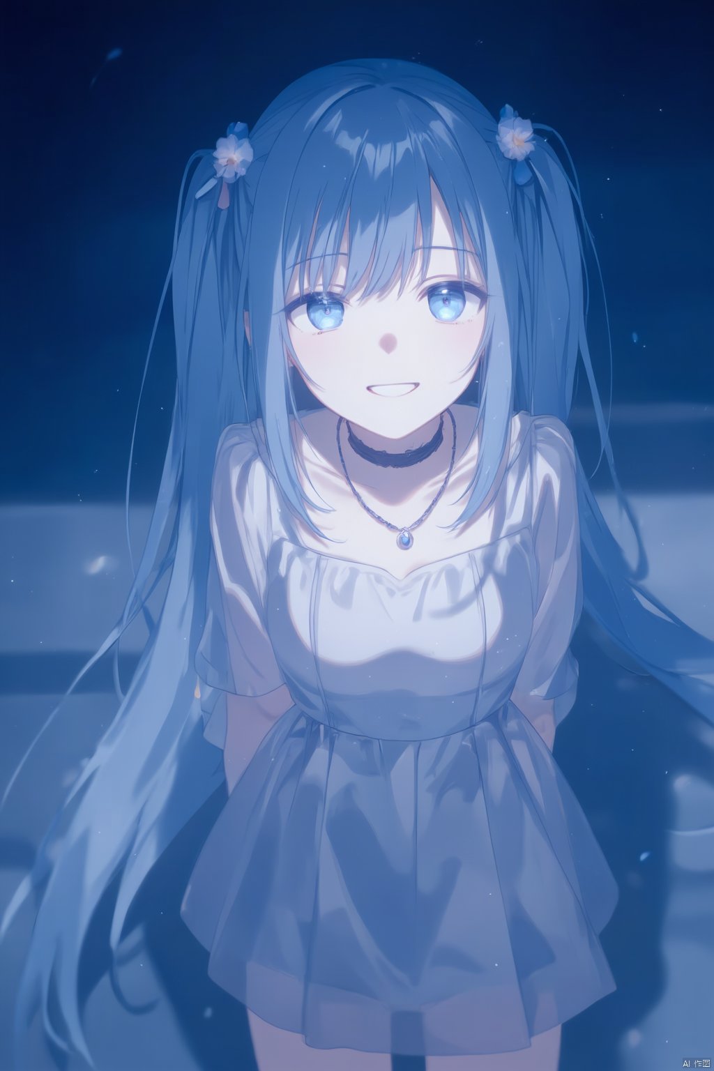 An animated image of an anime girl with long blue hair and blue eyes. She is wearing a gray dress with a black necklace around her neck. Her hair is pulled back in a ponytail. Her eyes are a piercing blue color. Her eyebrows are a light brown color. She has a slight smile on her face. Her left hand is raised in front of her body. Her right hand is resting on her hip. The background is a dark blue. Her shadow is on the right side of the image.
