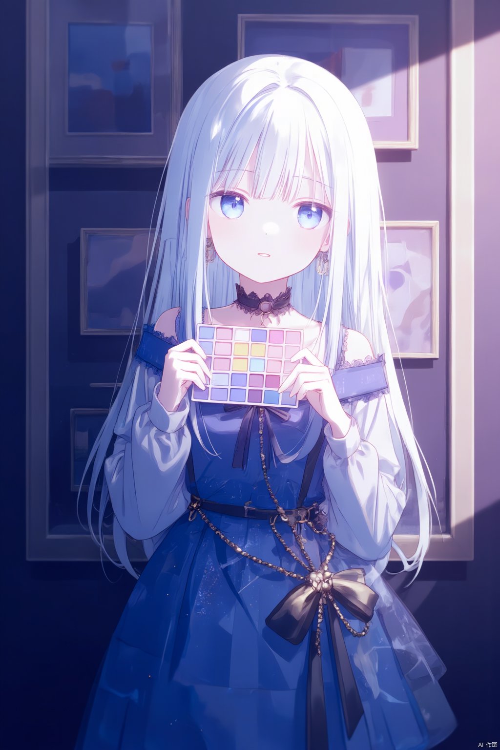 An animated image of a girl with long white hair and blue eyes. She is wearing a blue dress with a black belt and a gold bow on her waist. The girl is holding a square game in her hands. The game is made up of squares of different colors. There is a black collar around her neck. There are gold chains hanging from the belt. The wall behind the girl is purple.