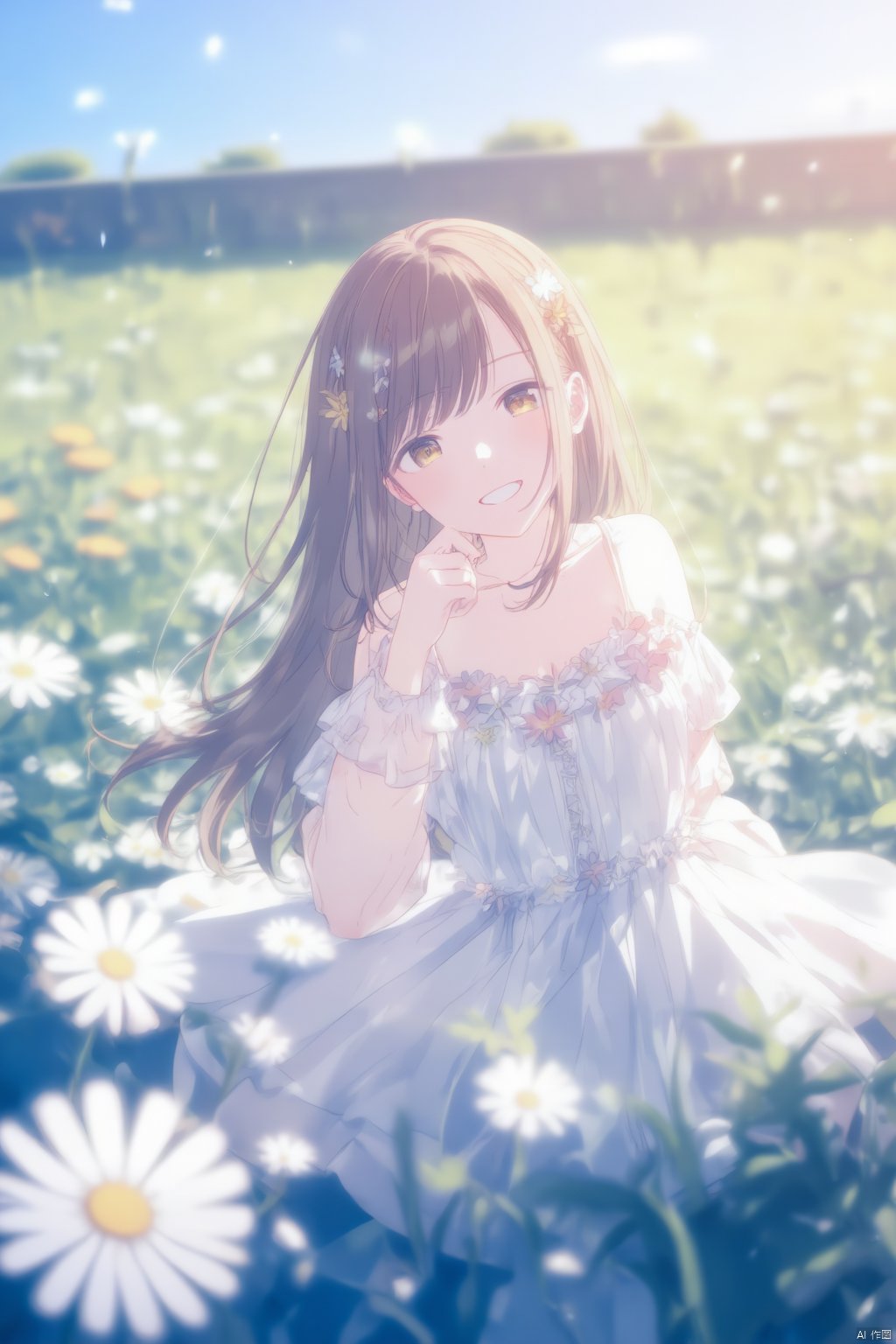 An anime girl with long brown hair is sitting on the ground. She is wearing a white dress with flowers on it. There are white daisies in front of her.