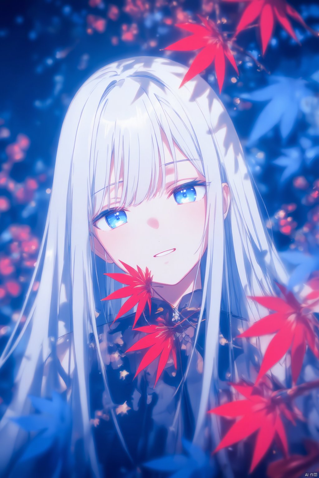  Captured from a low-angle perspective a cartoon girl with long white hair and blue eyes stands in front of a backdrop of red and blue leaves. The girl's head is adorned with a white hood and her eyes are a piercing blue. Her hair cascades over her shoulders framing her entire face. The background is a deep blue adding a pop of color to the scene.