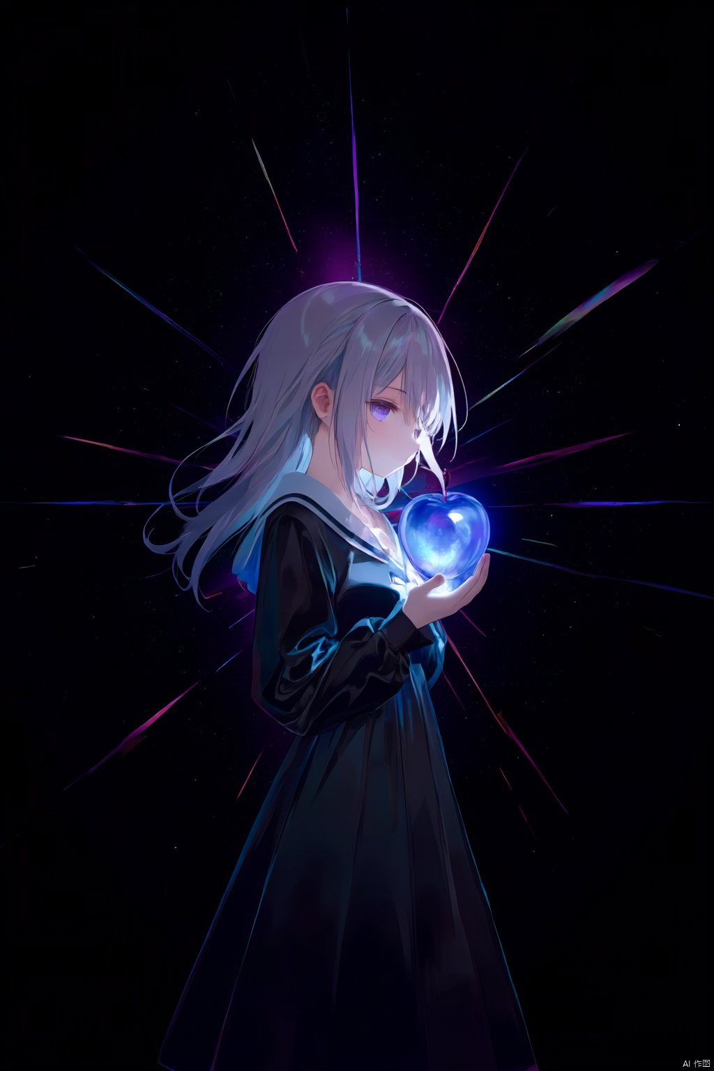 An animated image of an anime girl holding an apple in her right hand. The apple is shiny and reflective. The girl is wearing a long black dress with a white shirt underneath. Her hair is long and wavy. Her left hand is holding the apple with her left hand. Her right hand has a red apple on it. The background is dark and there are pink and blue lines on the black background.