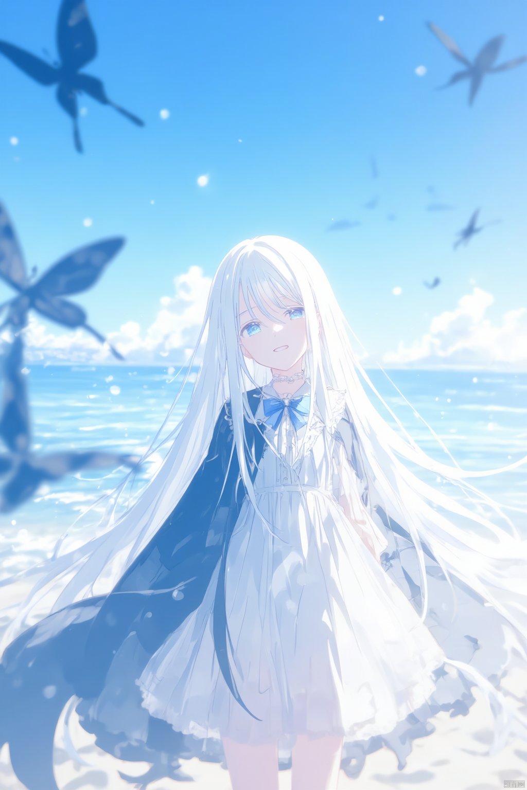  An animated image of a girl with long white hair and blue eyes. She is wearing a white dress with a blue butterfly on her chest. She has a black cape over her shoulders. The girl is standing on a sandy beach. The sky is blue with white fluffy clouds. There are black butterflies flying in the sky above the girl.