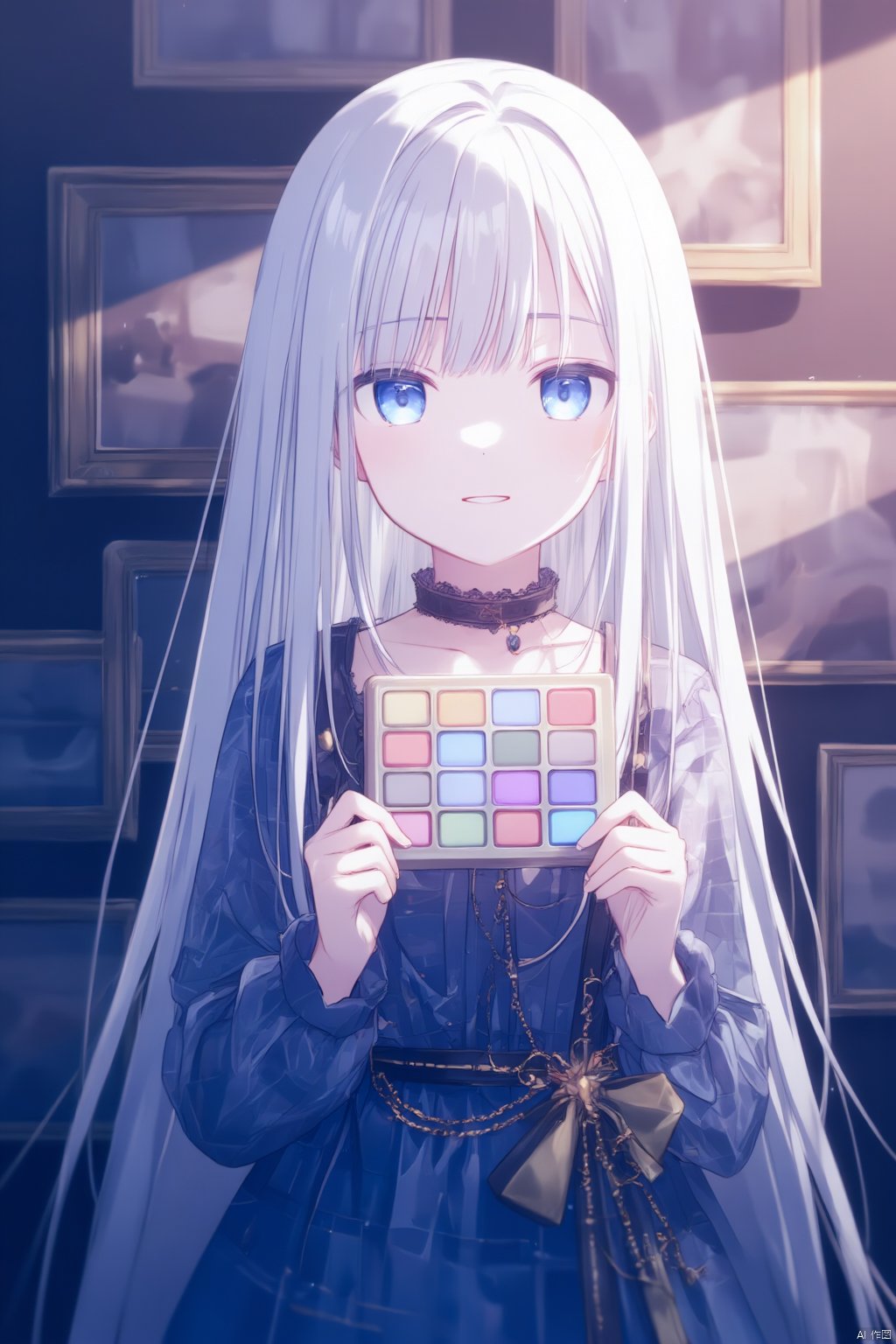 An animated image of a girl with long white hair and blue eyes. She is wearing a blue dress with a black belt and a gold bow on her waist. The girl is holding a square game in her hands. The game is made up of squares of different colors. There is a black collar around her neck. There are gold chains hanging from the belt. The wall behind the girl is purple.