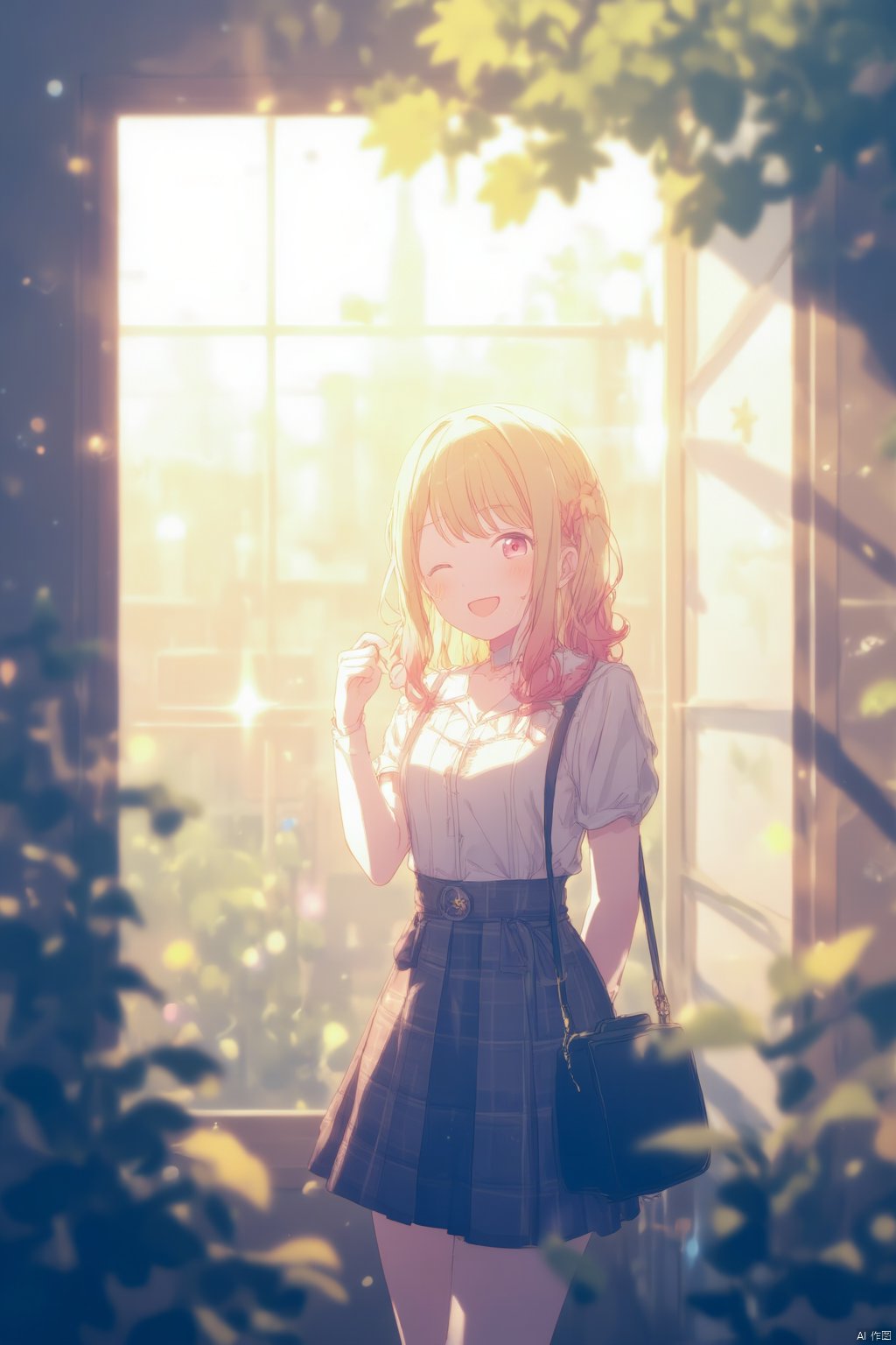 Captured from a low-angle perspective a cartoon girl with long blonde hair stands in front of a window. The girl is dressed in a plaid skirt a short sleeved top and a black purse. Her eyes are open and her lips are pursed. Her hair is a vibrant shade of pink and she has a slight smile on her face. The sun is shining through the window casting a soft glow on the girl's face. To the right of the girl a tree branch is visible adding a pop of color to the scene.