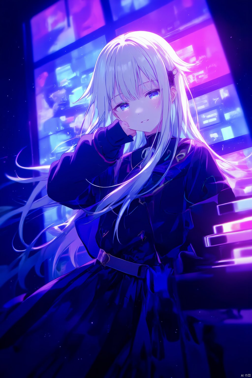 An animated image of an anime girl with long blonde hair. She is wearing a black outfit with a white belt. Her arms are crossed over her chest. Her eyes are open and she has a serious expression on her face. The girl's hair is blowing in the wind. The background is a vibrant blue and purple hue. To the right of the girl is a set of stairs.