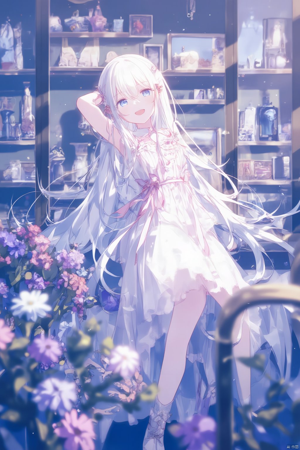 An animated image of a girl with long blonde hair and blue eyes. She is wearing a white dress with a pink ribbon tied around her waist. Her boots are white with purple flowers on them. Behind her