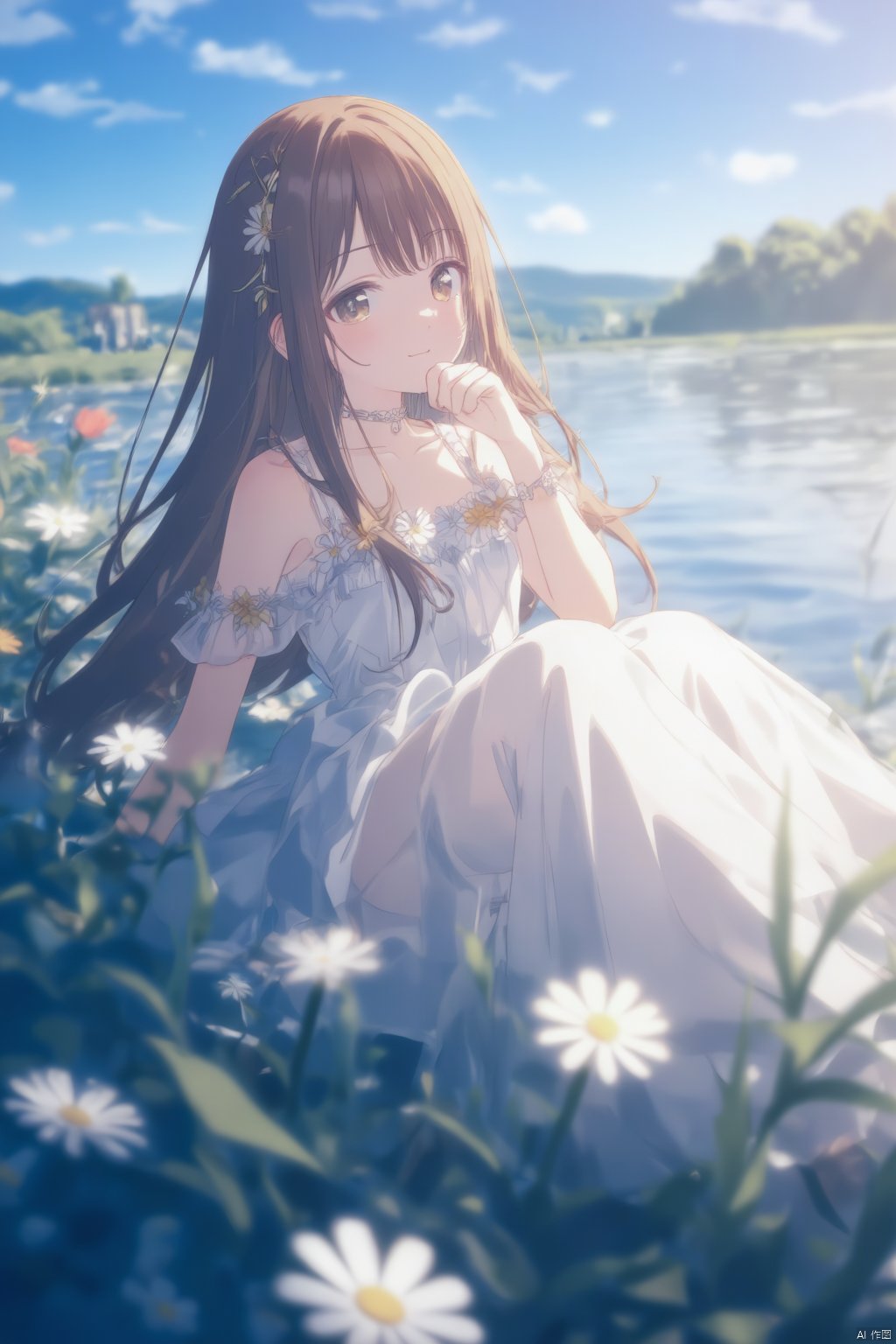 An anime girl with long brown hair is sitting on the ground. She is wearing a white dress with flowers on it. There are white daisies in front of her.