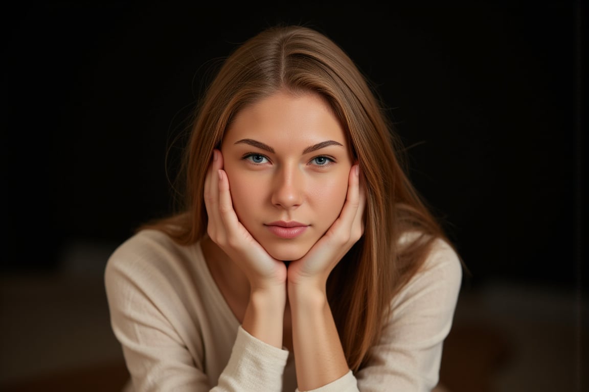 portrait, high res, young wo4ng3l1, soft light. Light sweater, dark background. Bury hands on the chin, having a deep thoughtful look on the face. Clear faces, pores are not enhanced, a touch of makeup. Visible hair strands. Warm, subdued colors. Blurred background. Full-frame camera, wide aperture. Studio lighting for depth. Subtle contouring shadows. Minimal editing, natural appearance. 