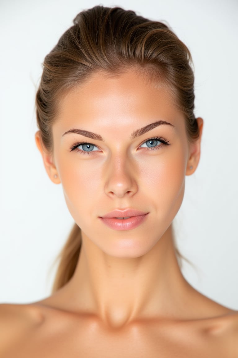 wo4ng3l1 woman with slicked back hair. White background, perfect illumination, her eyes are gorgeous in blue color, She has a slight smile on her face while looking at the camera