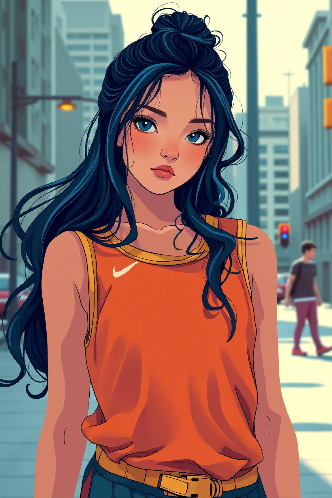 a chest up flat color portrait of a beautiful student break dancer posing dynamically in morden basketball uniform, long black hair with blue streak hair, chignon, dynamic pose, casual street background, ncg, in only four colors, 