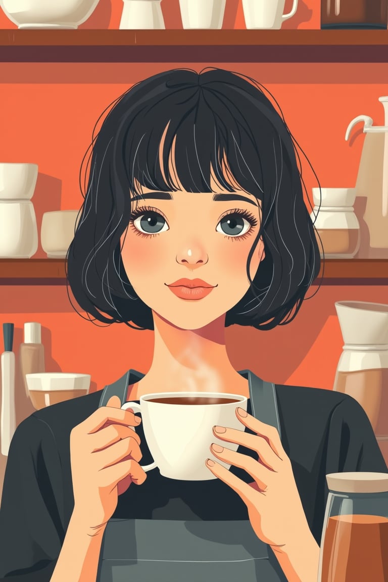 a close up flat illustration portrait of a young female barista, making a cup of coffee in cafe, short bobcut, ncg, in only four colors, 