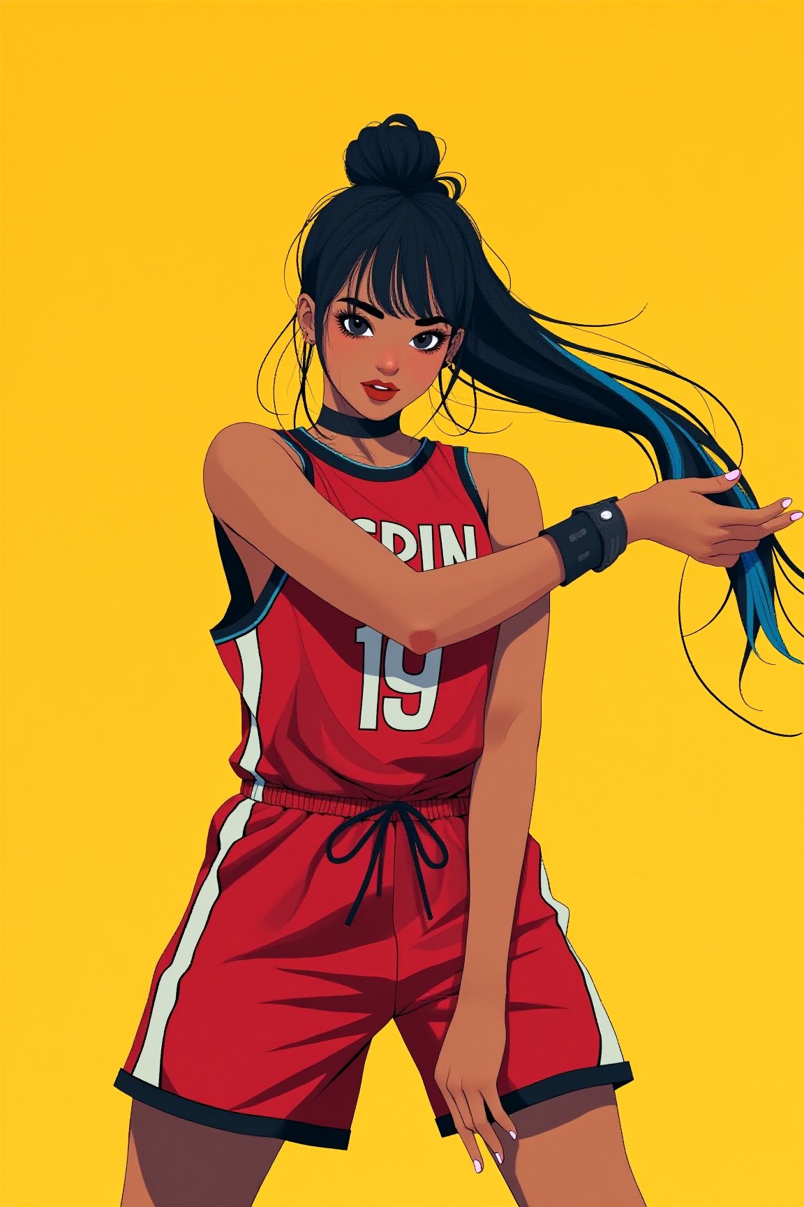 a chest up flat color portrait of a beautiful student break dancer posing dynamically in morden basketball uniform, long black hair with blue streak hair, chignon, dynamic pose, casual street background, ncg, in only four colors, yellow background, 