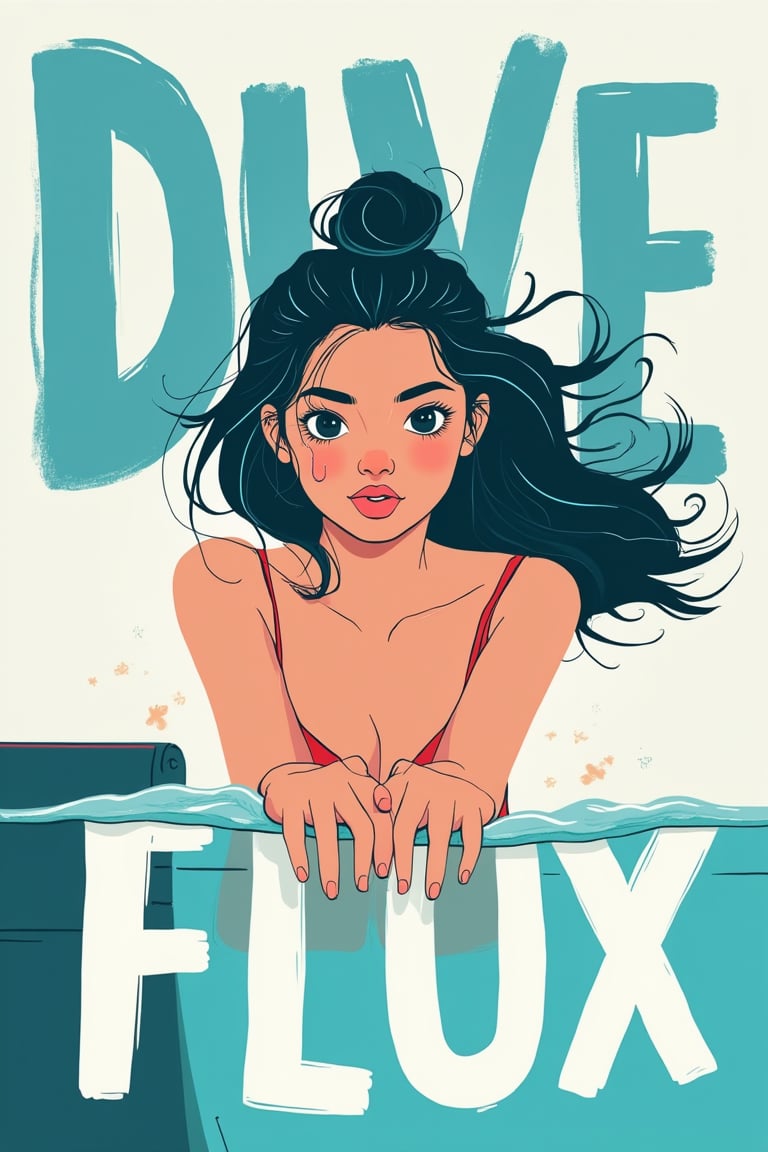 a chest up advertising poster of a beautiful student model diving from a diving springboard, long black hair with blue streak hair, chignon, lively pose, beautiful bold typograhy of text: 'Dive into FLUX', a ncg,flat illustration, in only four colors, ncg,