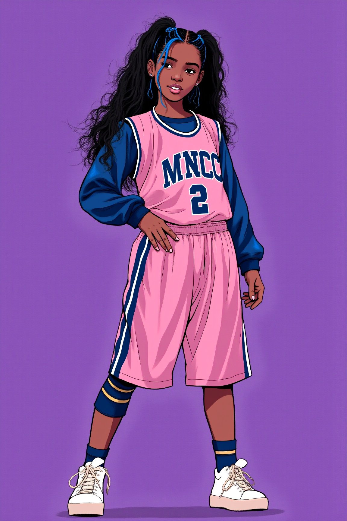 a chest up portrait of a beautiful student break dancer standing with one-hand in morden basketball uniform, long black hair with blue streak hair, chignon, dynamic pose, beautiful bold typograhy of text: 'Like a NCG', casual street bg, a ncg, in only four colors, purple background, 