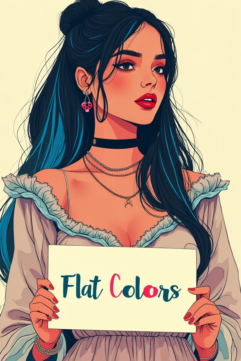 a chest up flat illustration portrait of a beautiful student model in expresssive intricate dress, long black hair with blue streak hair, chignon, choker, lively pose, holding a sign, perfect text ("Flat Colors"), casual street bg, ncg, in only four colors,