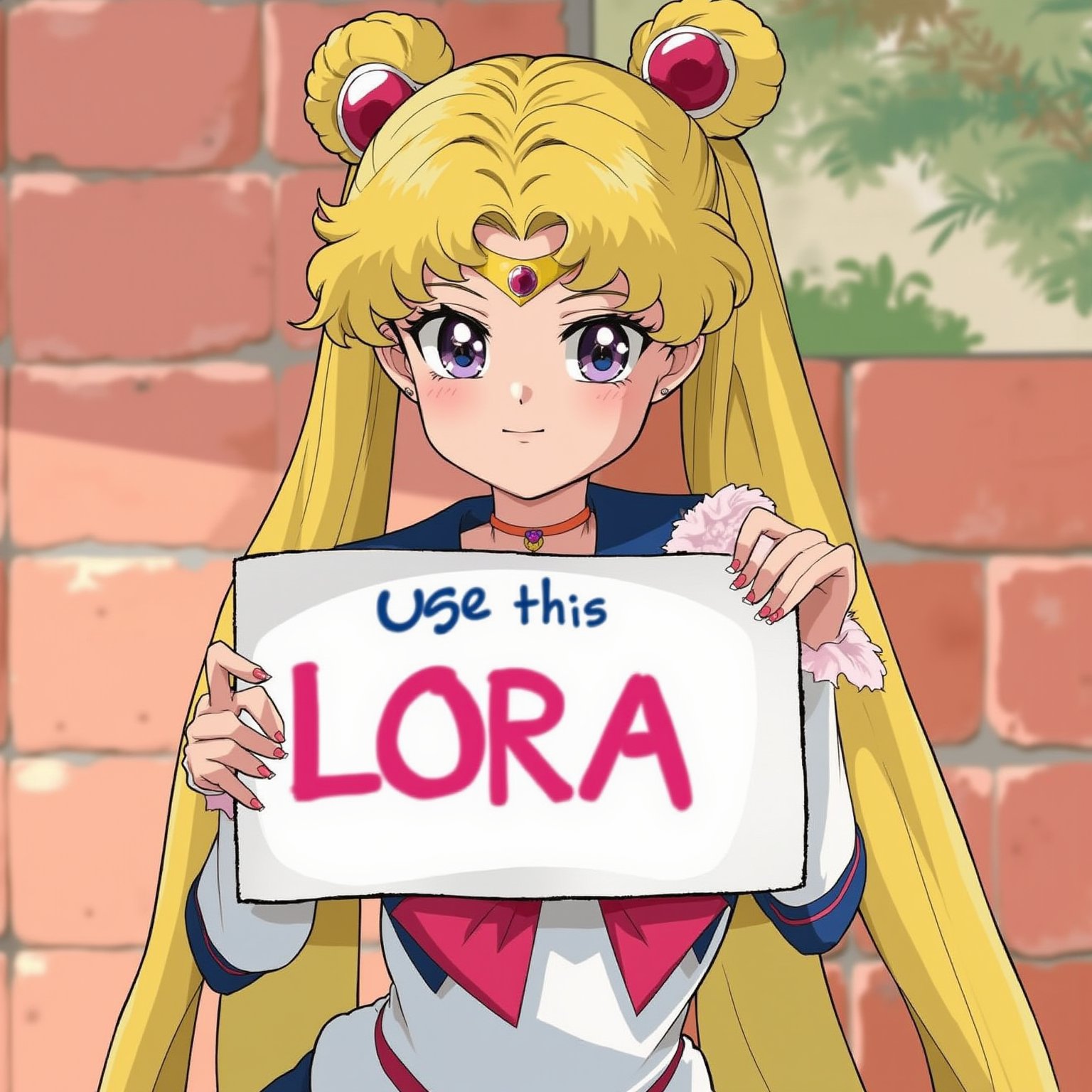 A beautiful woman with a beautiful pose, Styled like sailormoon, looking at the camera, Holding a sign that says "use this LoRA", Sailormoon 