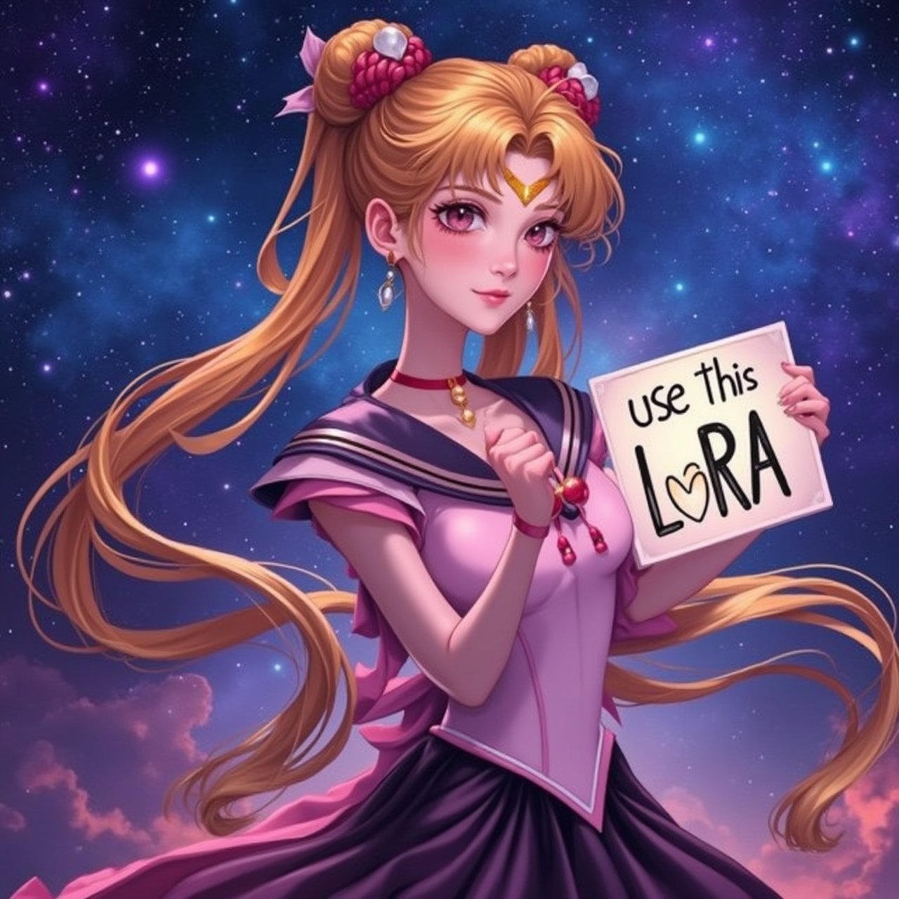 A beautiful woman with a beautiful pose, Styled like sailormoon, looking at the camera, Holding a sign that says "use this LoRA", The background is a very beautiful galaxy., Sailormoon 