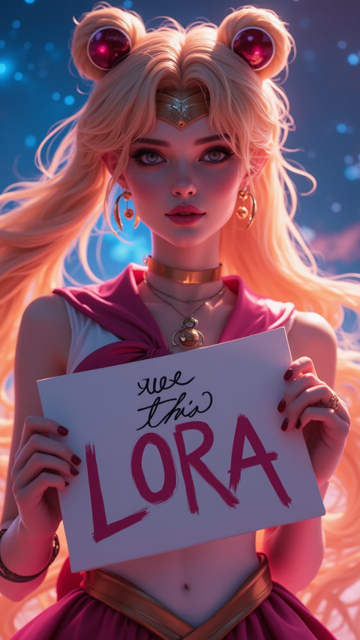 A beautiful woman with a beautiful pose, Styled like sailormoon, looking at the camera, Holding a sign that says "use this LoRA", The background is a very beautiful galaxy., Sailormoon 