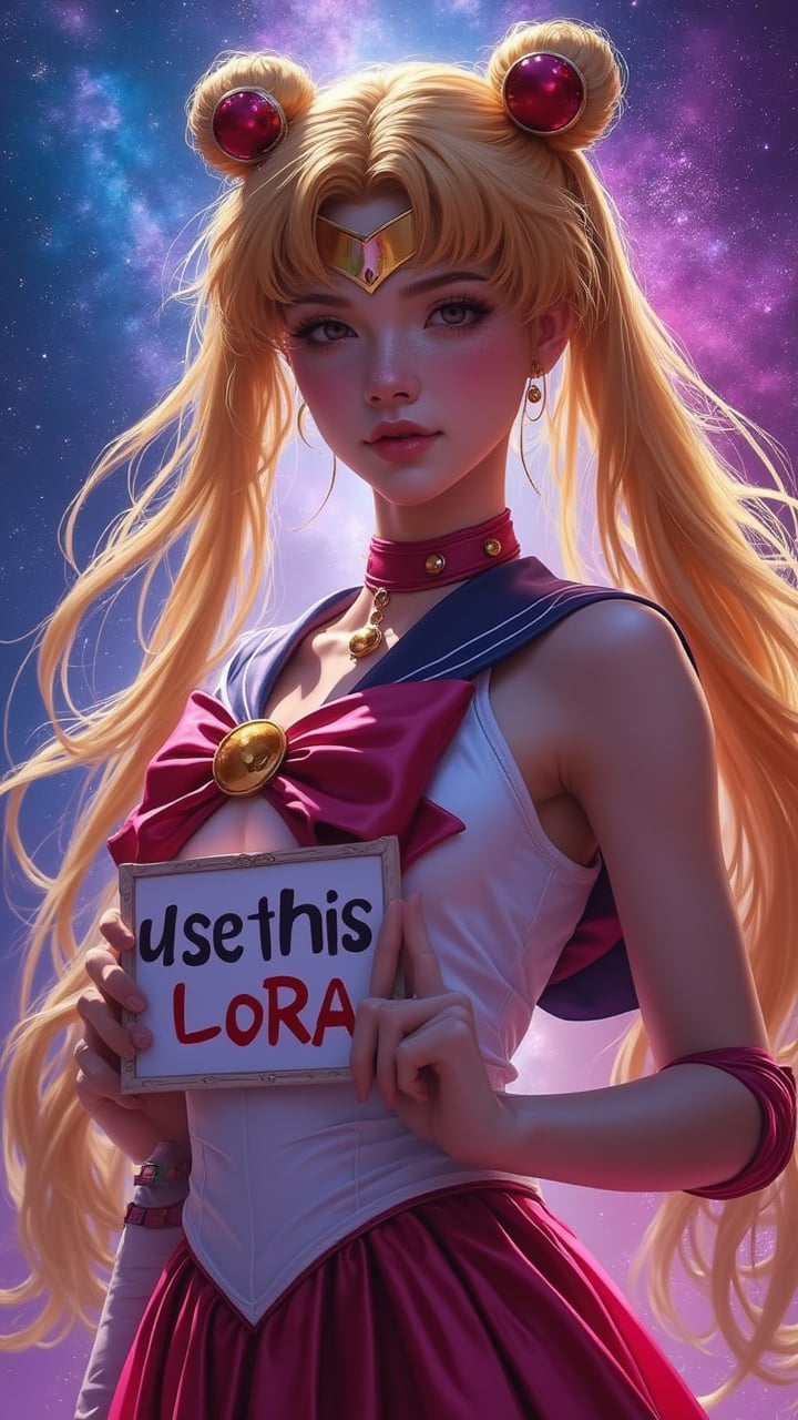 A beautiful woman with a beautiful pose, Styled like sailormoon, looking at the camera, Holding a sign that says "use this LoRA", The background is a very beautiful galaxy., Sailormoon 