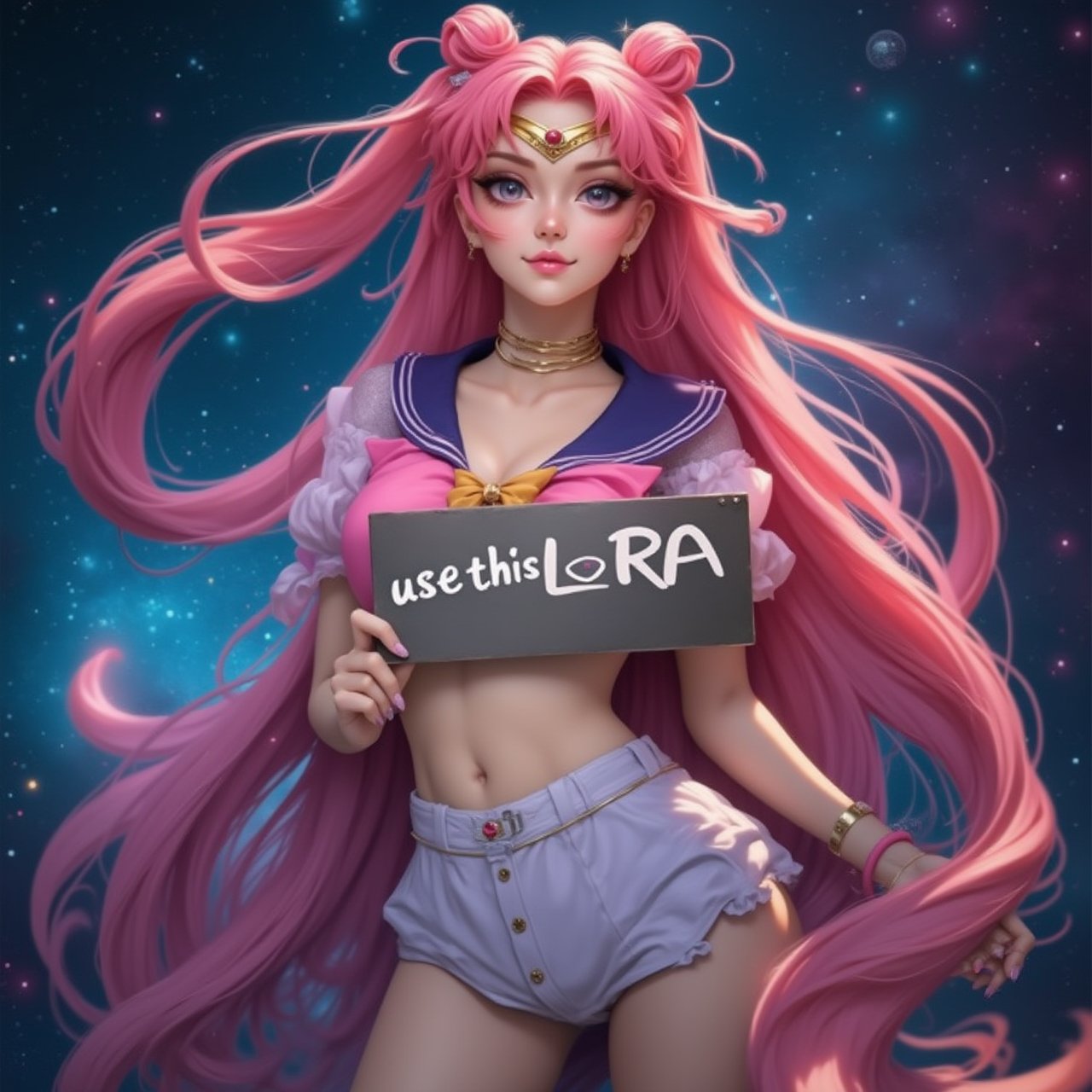 A beautiful woman with a beautiful pose, Styled like sailormoon, looking at the camera, Holding a sign that says "use this LoRA", The background is a very beautiful galaxy., Sailormoon 